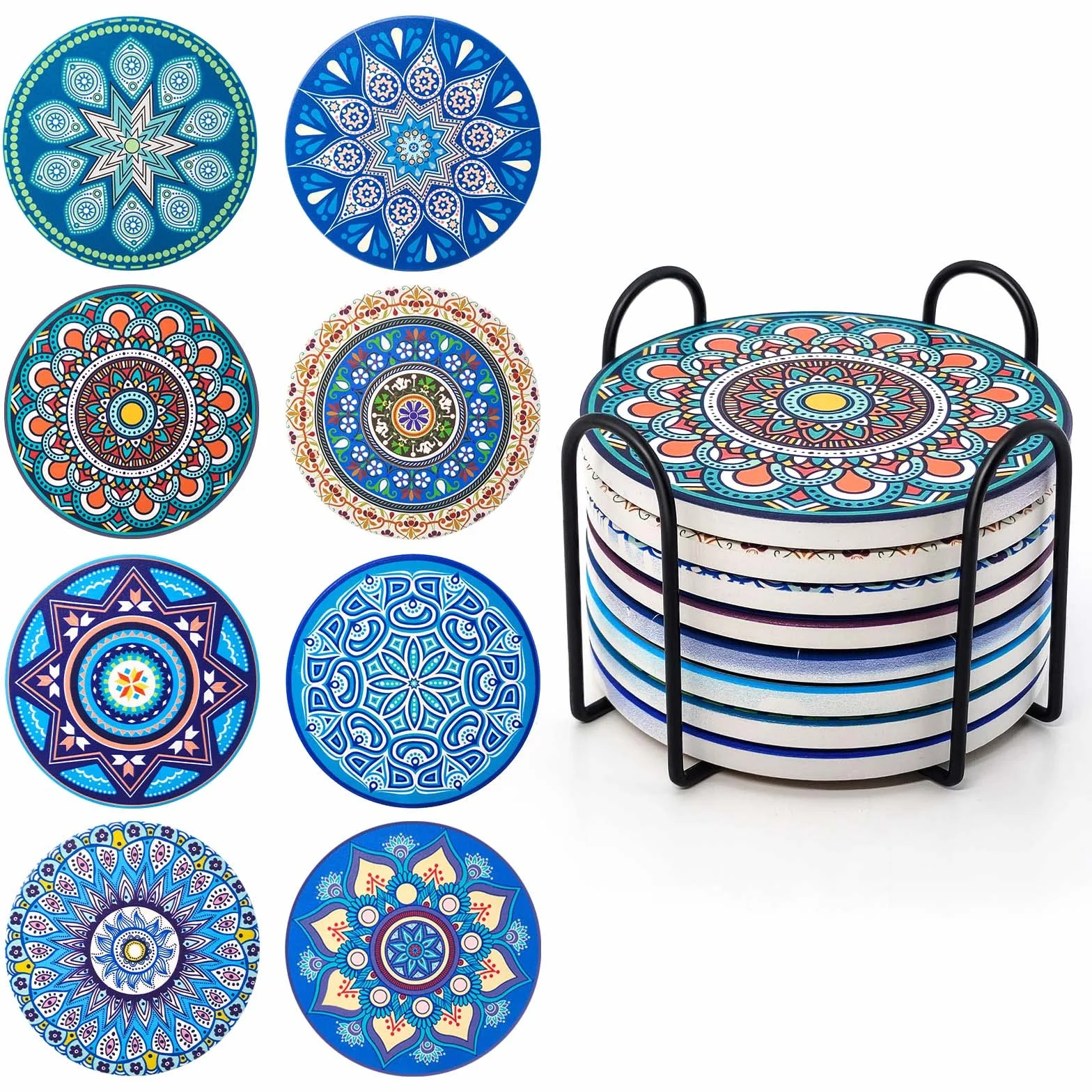 Posavasos de Corcho Cerámica Juego de 8 con Soporte Metal 4 Pulgadas Diseño Mandala para Tazas Regalo