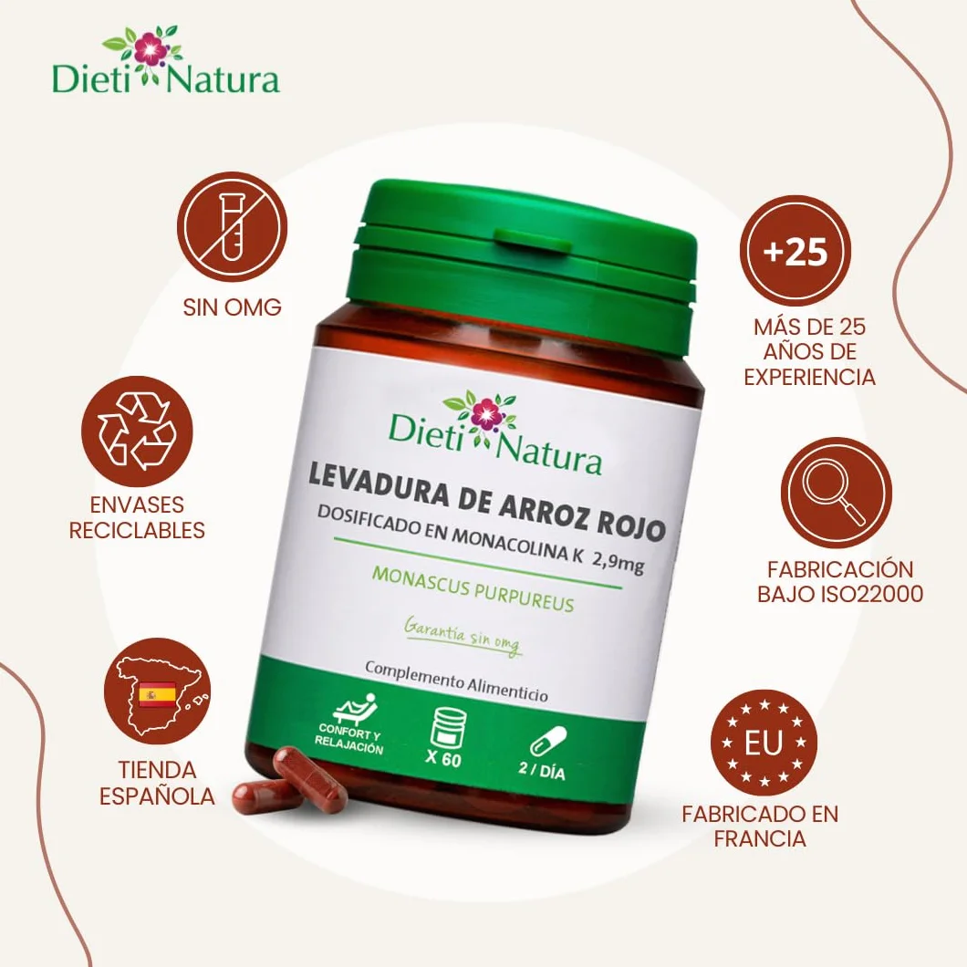 Dieti Natura Levadura de Arroz Rojo 60 Cápsulas 2,9mg Monacolina K para Reducir Colesterol Salud Cardiovascular