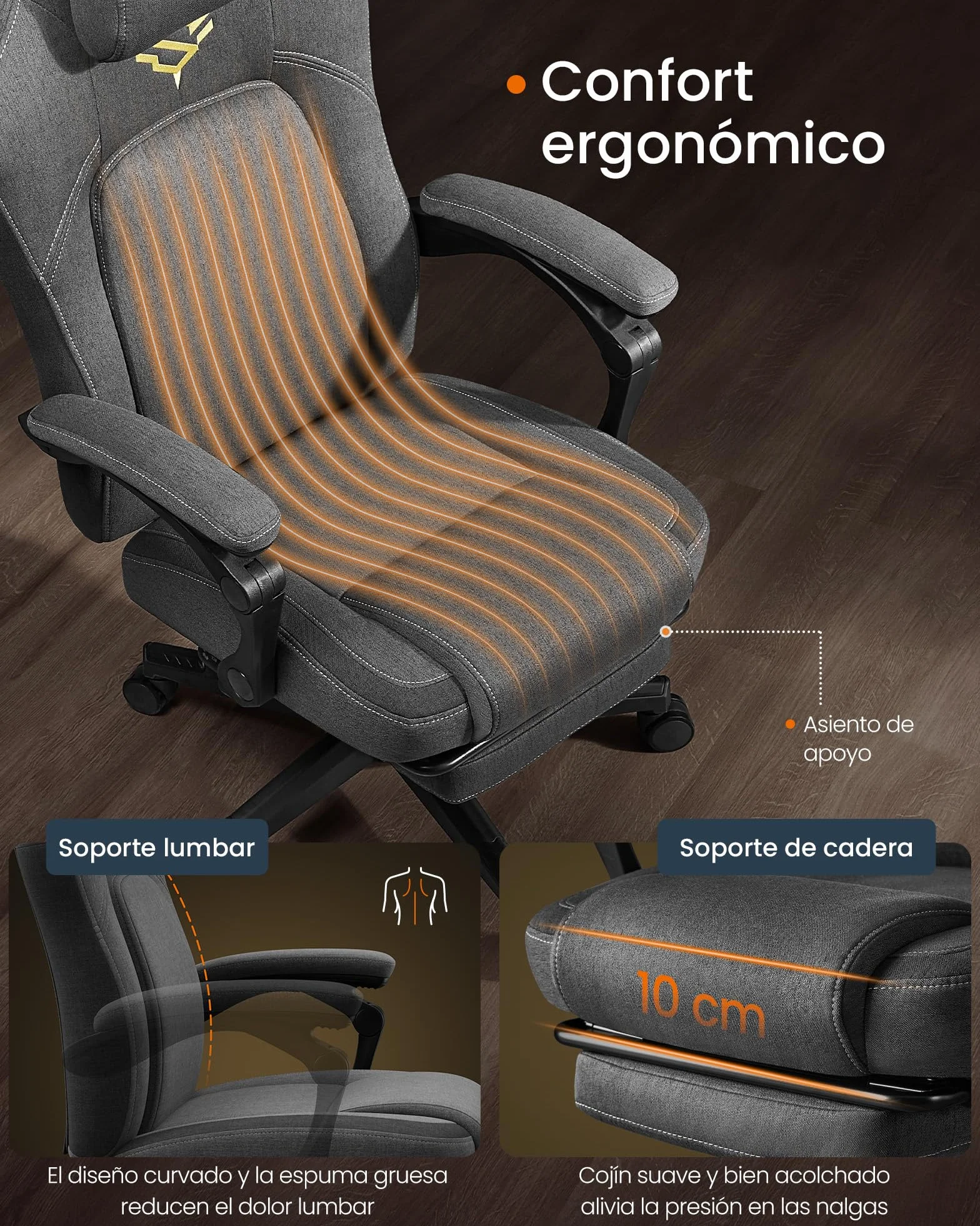 SONGMICS HOME Silla de Juegos, Silla Racing Ergonómica para Ordenador con Reposapiés, con Reposacabezas, Tela de Algodón y Lino, Altura Ajustable, Gris Paloma OBG072G01