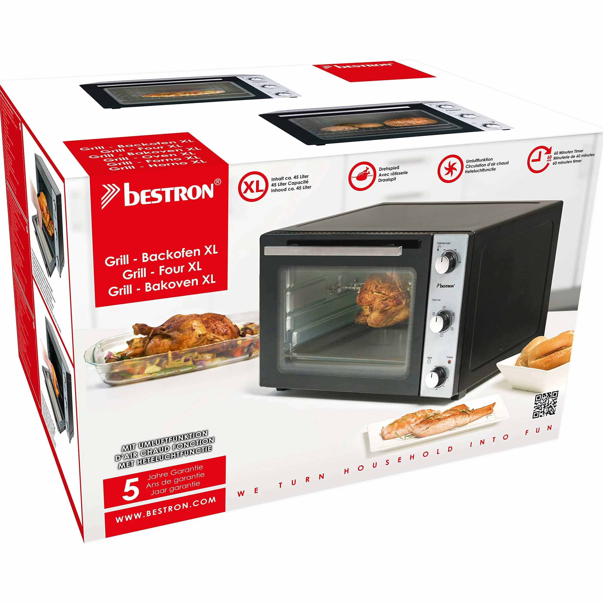Bestron Mini Horno 2 en 1 con Pincho Giratorio, 45 Litros, 1800 W, Acero inoxidable, Negro