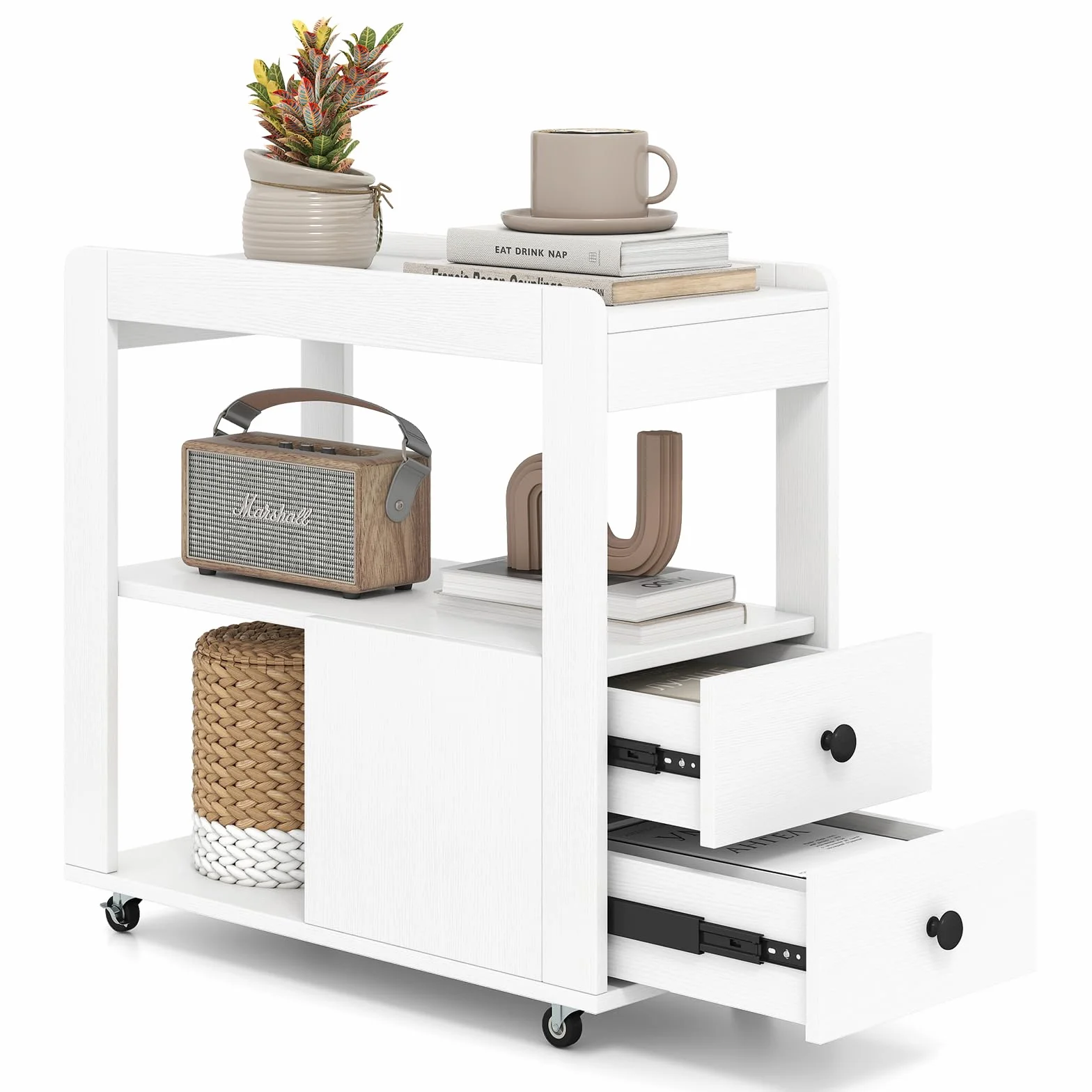 COSTWAY Mesa Auxiliar Estrecha con 2 Cajones y Estantes Abiertos, Mesa Lateral con Ruedas Universales Bloqueables, Mesilla de Noche Salon Sofa Dormitorio, 65 x 30 x 62 cm (Blanco)