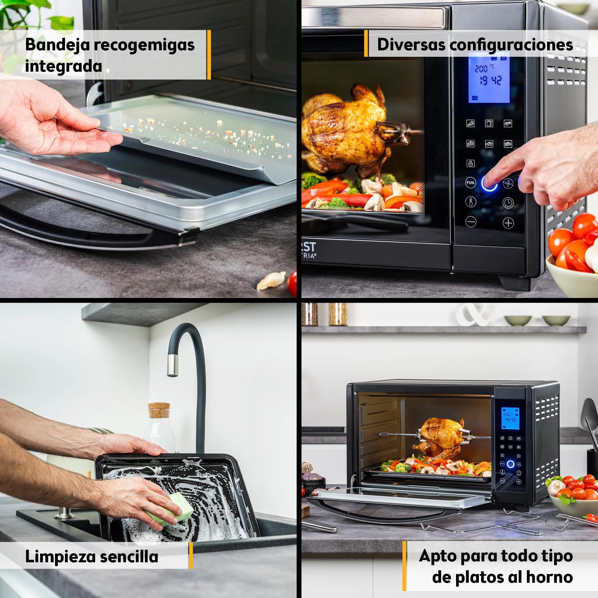 TZS First Austria Mini Horno 45L 2000W con Premium-X Coating – Minihorno Digital hasta 230°C & 4 Alturas – Temporizador de 180 Min & 8 Modos – Incl. Asador Giratorio – Para cocinas pequeñas & camping