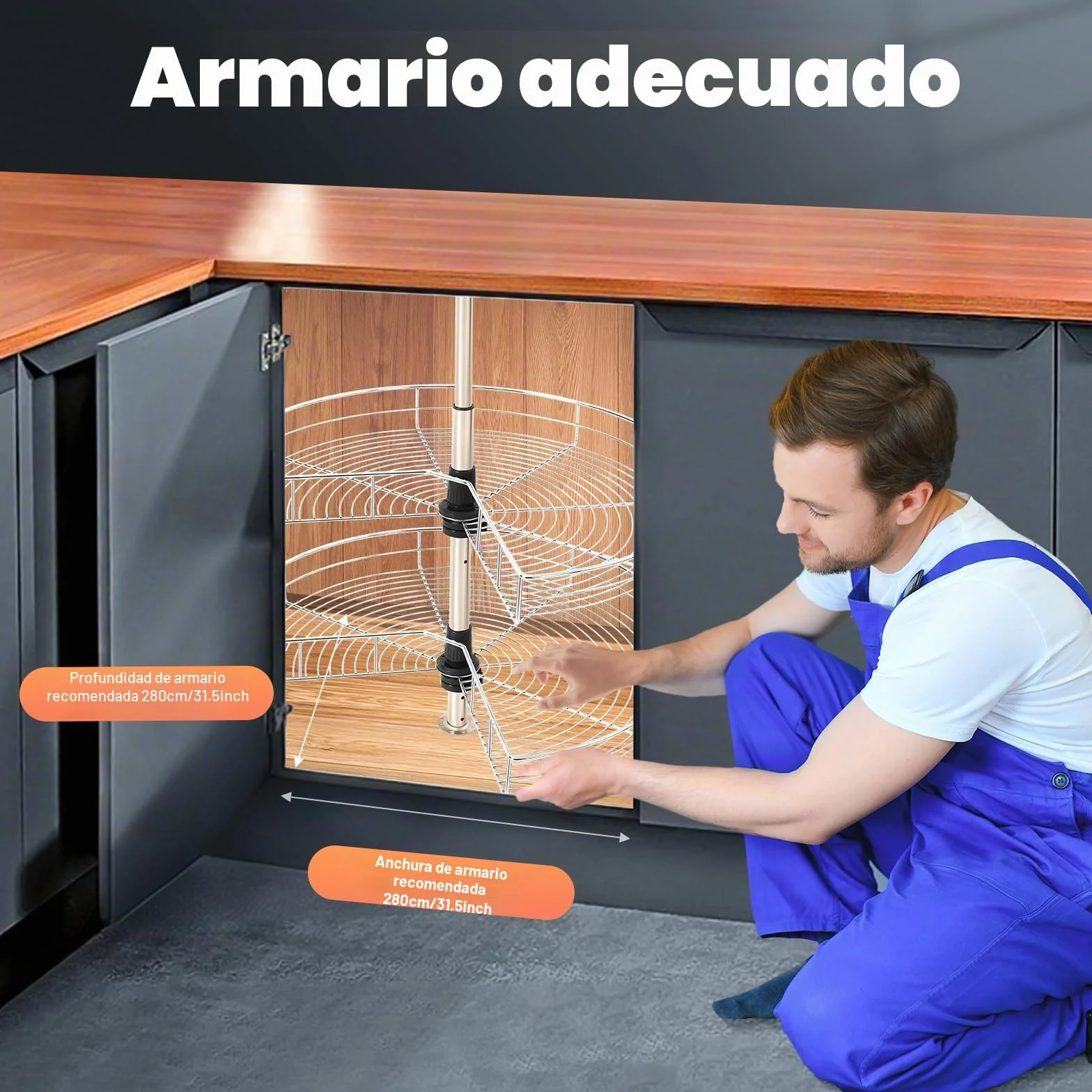 Organizador de armario de esquina, extensible, giratorio a 270°, con 2 cestas ajustables en altura y cierre suave, en acero inoxidable, máx. 16 kg por cesta, para armarios de cocina ≥ 80 x 80 cm