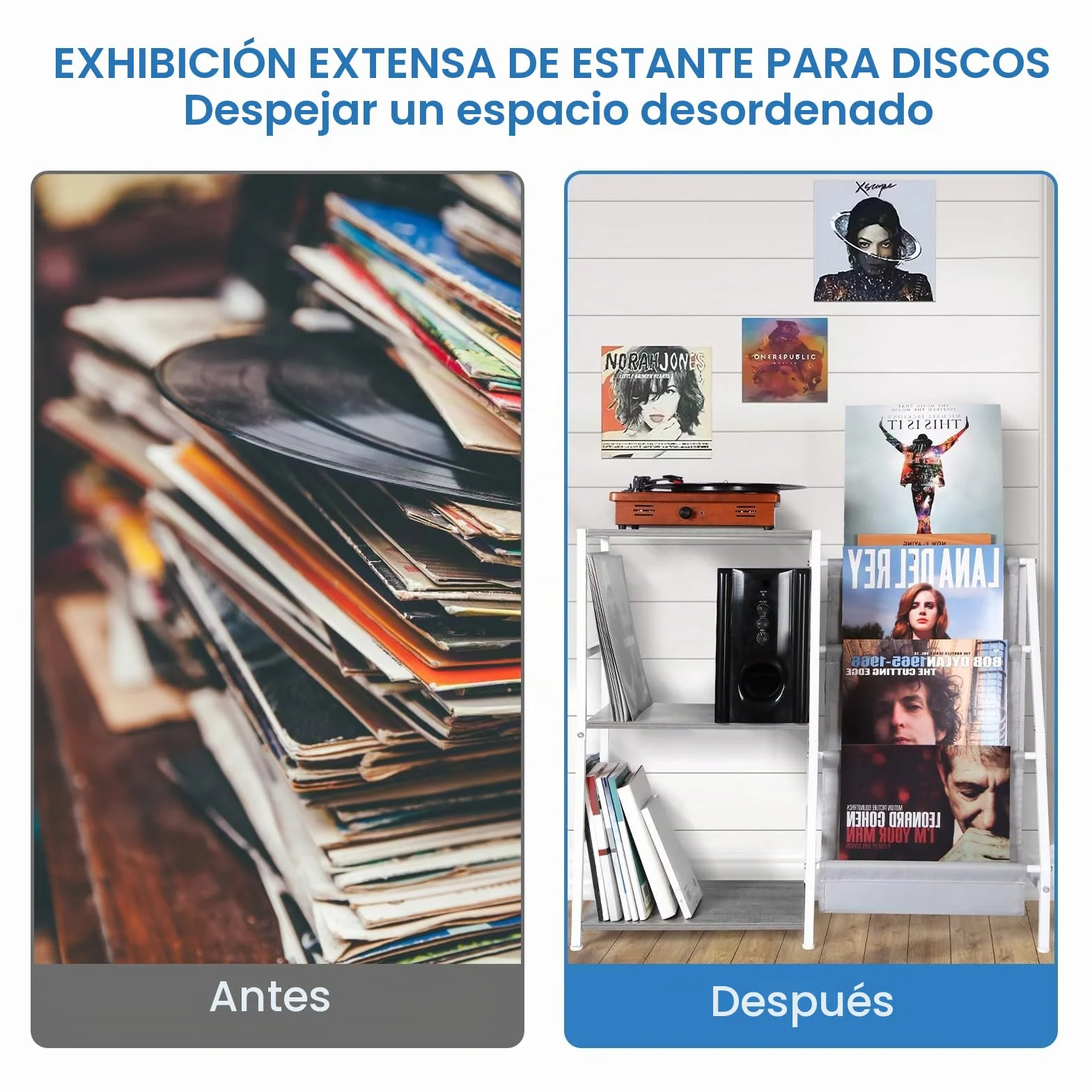 Mueble Tocadiscos con Soporte Vinilos de 3 Niveles, Mesa Reproductor Vinilo, Gris y Blanco
