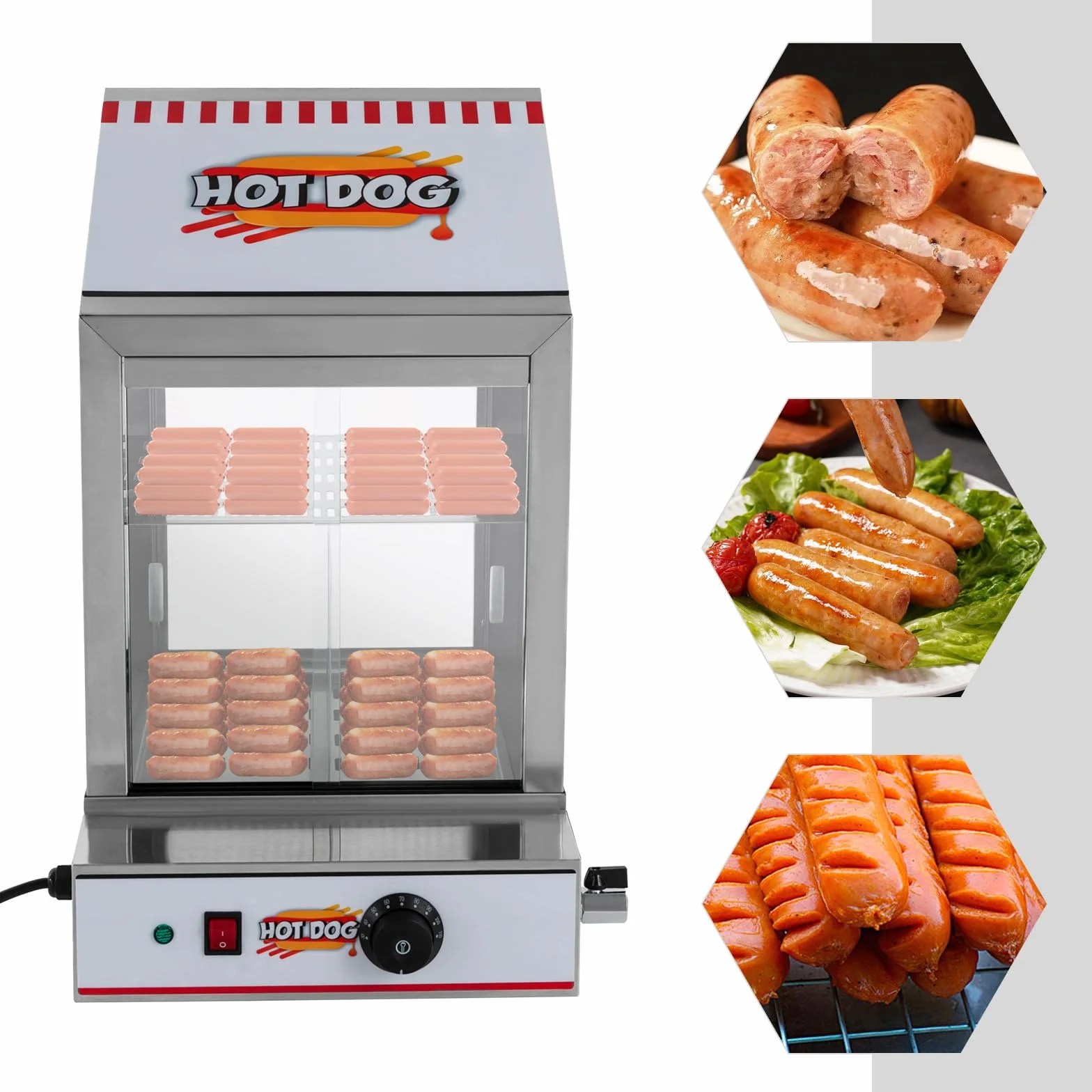 Hot Dog Maker, 1200 W Electric Hot Dog Steamer Edelstahl 5L Commerzieller Wärmeeschrank Hotdogs,Brötchenwärmer Imbiss Stand Gerät,86-230°F für Kantinen,Convenience Stores,Fast Food Restaurants