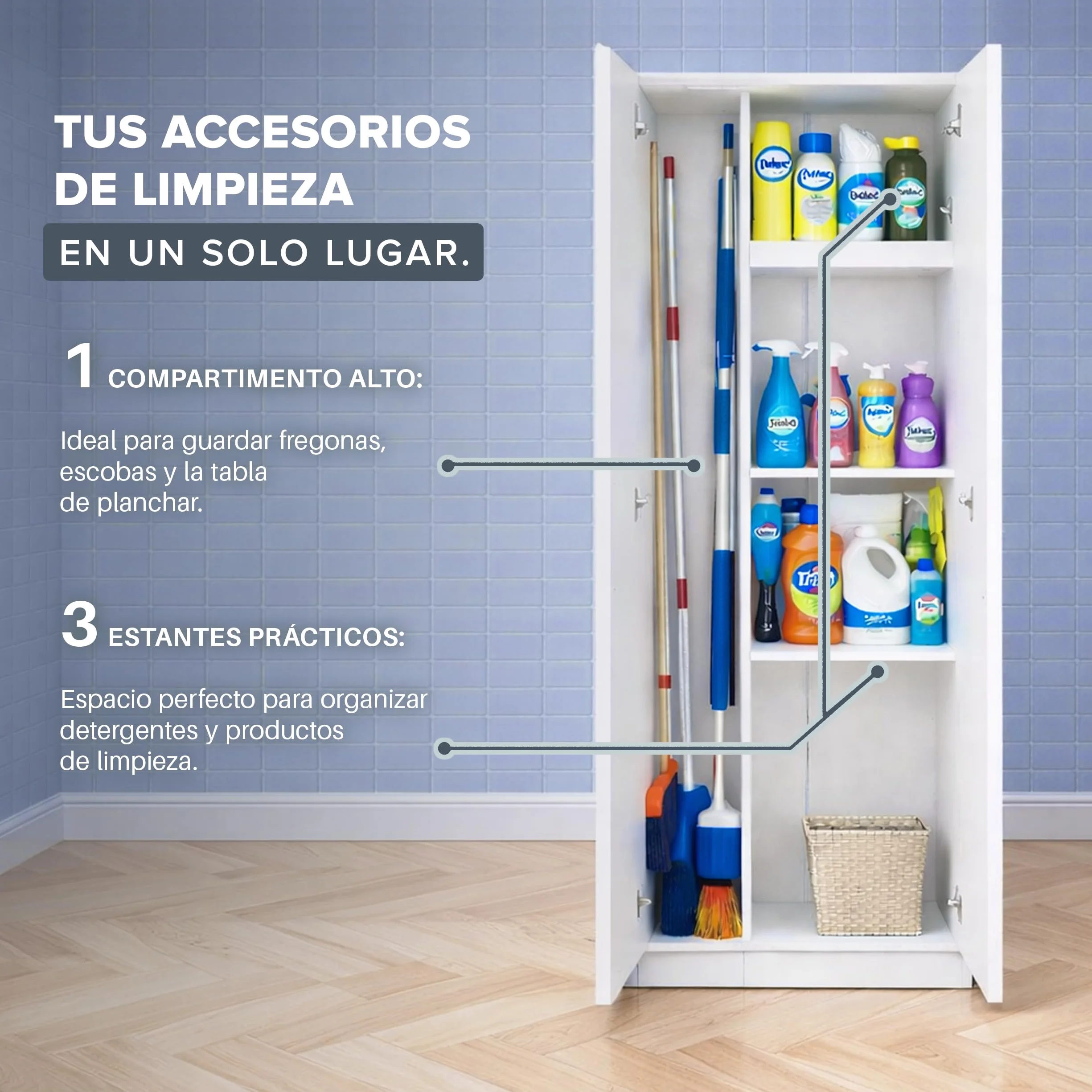 Marctani Armario Escobero Interior Blanco - Mueble Escobero Multiusos con Estante Central Regulable - Capacidad 15kg por Estante - Armario de Limpieza para Despensa o Lavadero