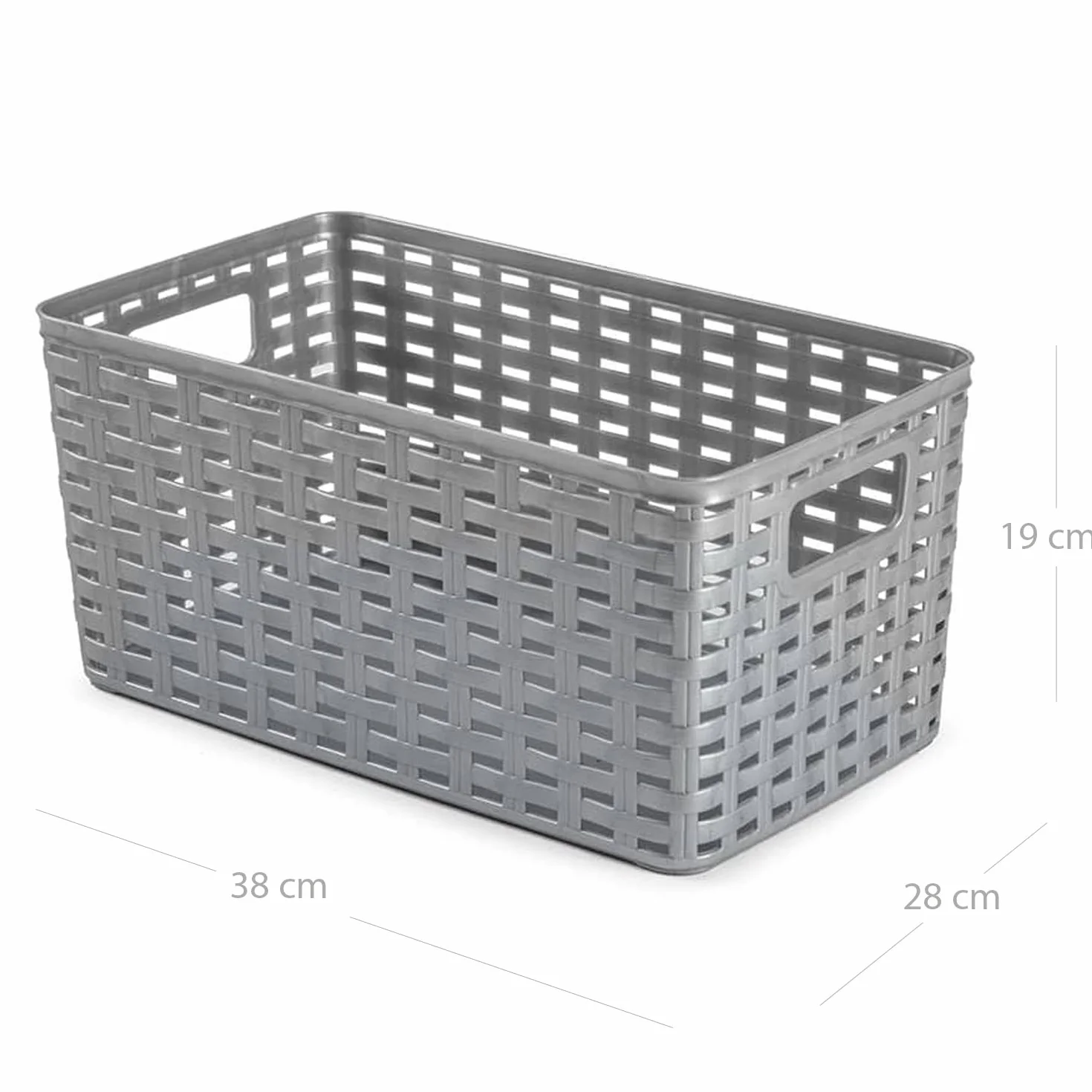 CABLEPELADO Cesta de Almacenamiento Organizador, Cesta de Almacenaje Multiuso, Caja Organizadora, Cesta de baño, 38 cm largo x 19 cm alto x 28 cm fondo, Capacidad 18 litros, Rattan, Gris