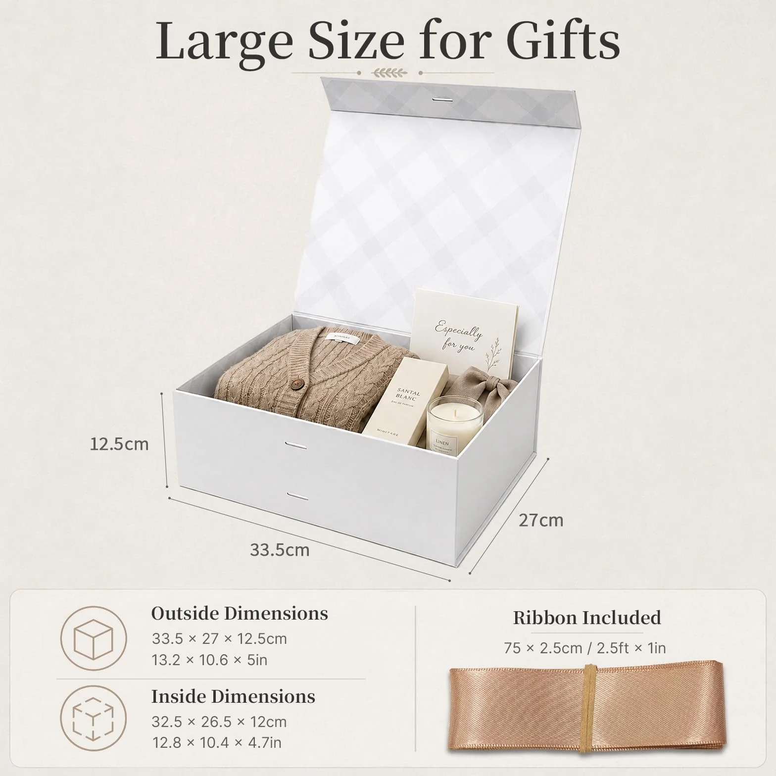 Tekhoho Caja de Regalos Grande Blanco 33.5x27x12.5 cm, Caja de Regalos Premium con Tapa MagnéTica y Cinta para Embalaje de Regalos de Bodas y CumpleañOs, Forro a Cuadros