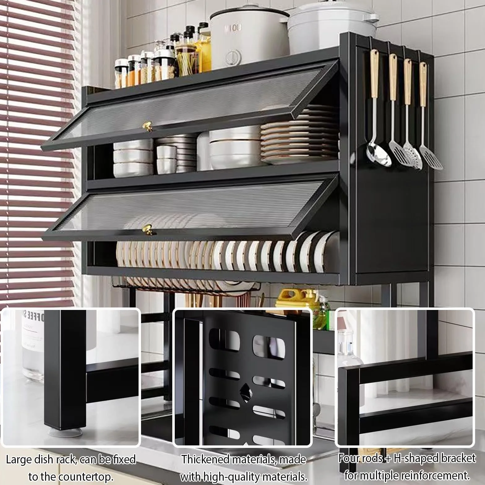 Escurridor de Cocina de Dos Niveles para encimera, escurreplatos de sobremesa, diseño de Doble Capa,Apto para Colocar Cuencos, Platos, Tazas y Cubiertos.(Black,95cm/37.4in)