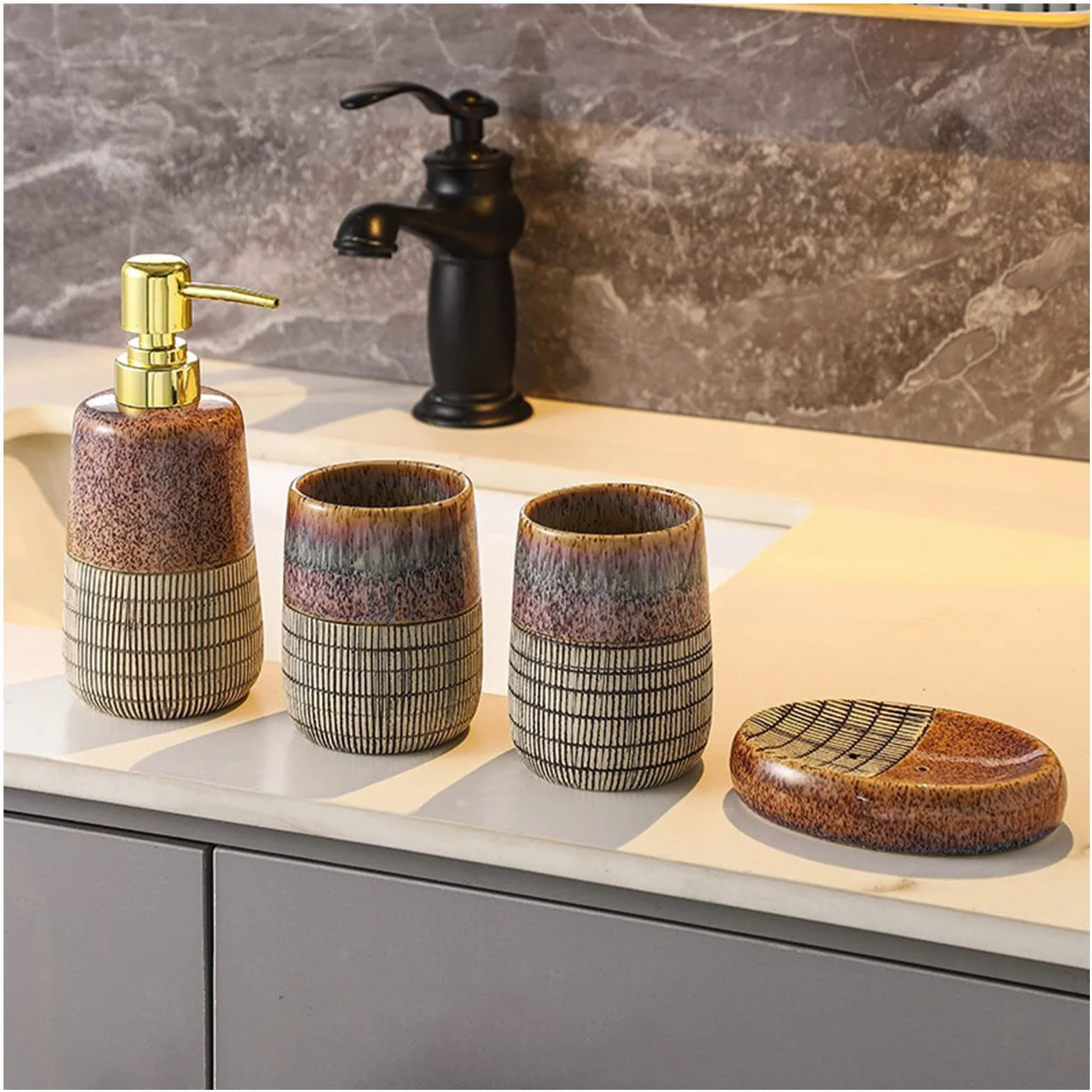 Juegos de Accesorios de baño, Acesorios Cuartos de Baño 4 Piezas con Dispensador Jabon Baño, Jabonera Baño, Porta Cepillo de Dientes, Bandeja, para Champú Cerámica Antiguo
