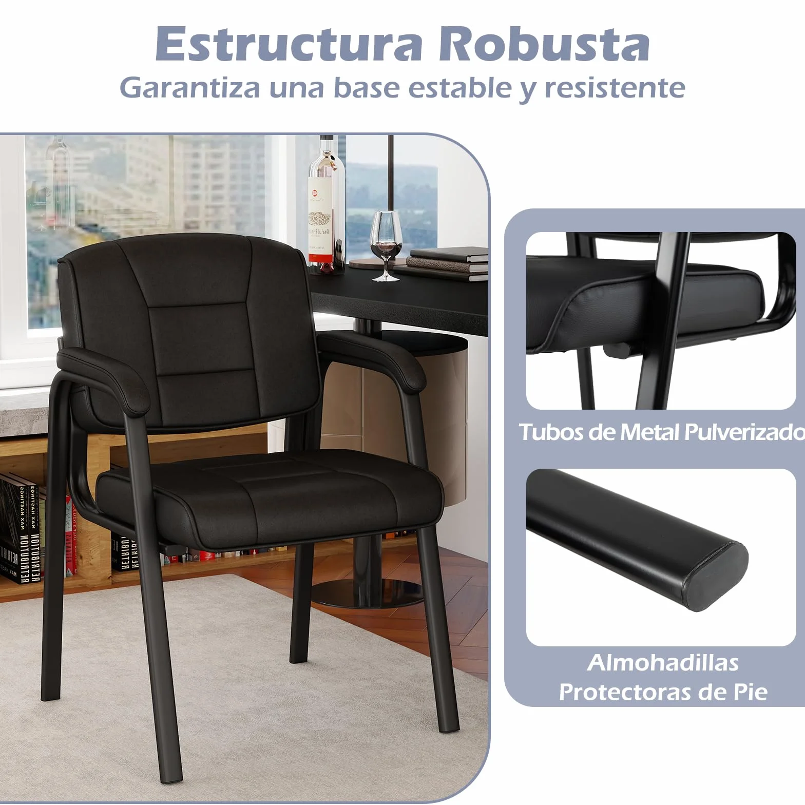 COSTWAY 2 Sillas Sala de Espera, Brazos y Asiento Acolchado, Sillas Confidente de Cuero Artificial, Respaldo Ergonómico, sin Ruedas, Oficina, Recepción, Carga 180kg (Negro)
