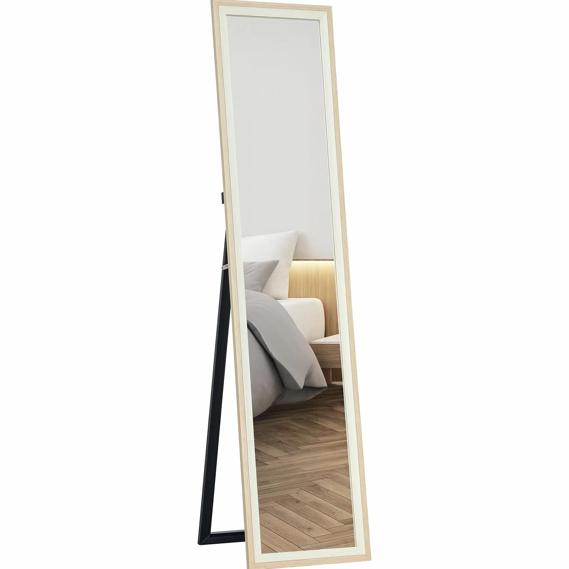 HOMCOM Espejo de Pie Cuerpo Entero 157x37 cm, Espejo Grande de Pared con Marco Bicolor, de Pie, Inclinado o Colgante, para Salón, Dormitorio, Pasillo, Entrada, Natural Claro y Blanco
