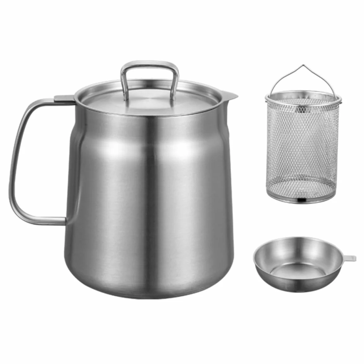 SHINEOFI Jarra de Aceite de Acero Inoxidable de 2l Filtro y Cesta para Freidora, Contenedor de Grasa para Cocina Familiar y Restaurante, Resistente y Fácil de Limpiar