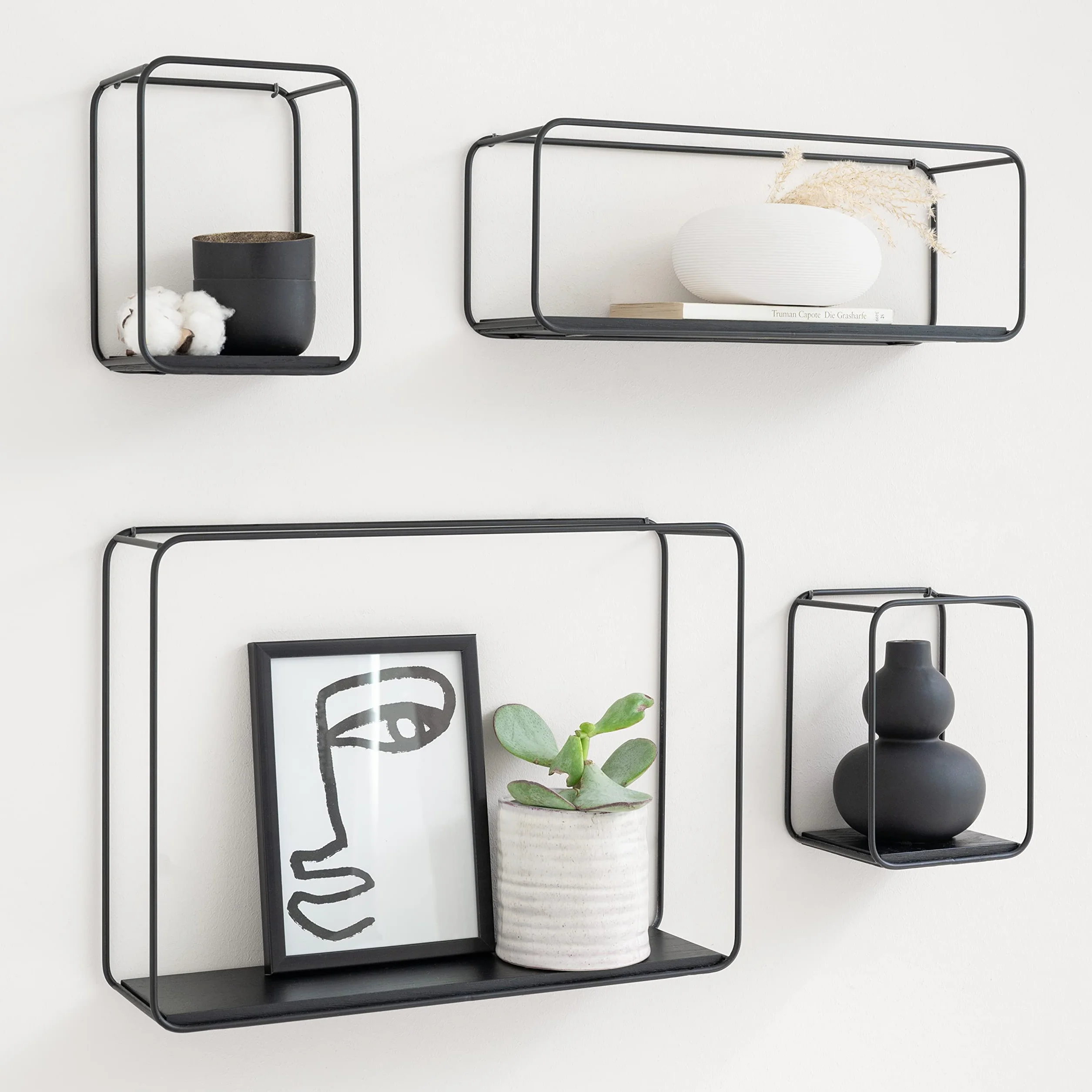 Kazai. Estantes de Pared -Jona- | Baldas Pared de 4 Piezas de Metal y Madera | Decoración de Pared, Almacenamiento y Estante para Libros para Baño, Sala de Estar, Cocina, Dormitorio | Roble, Negro