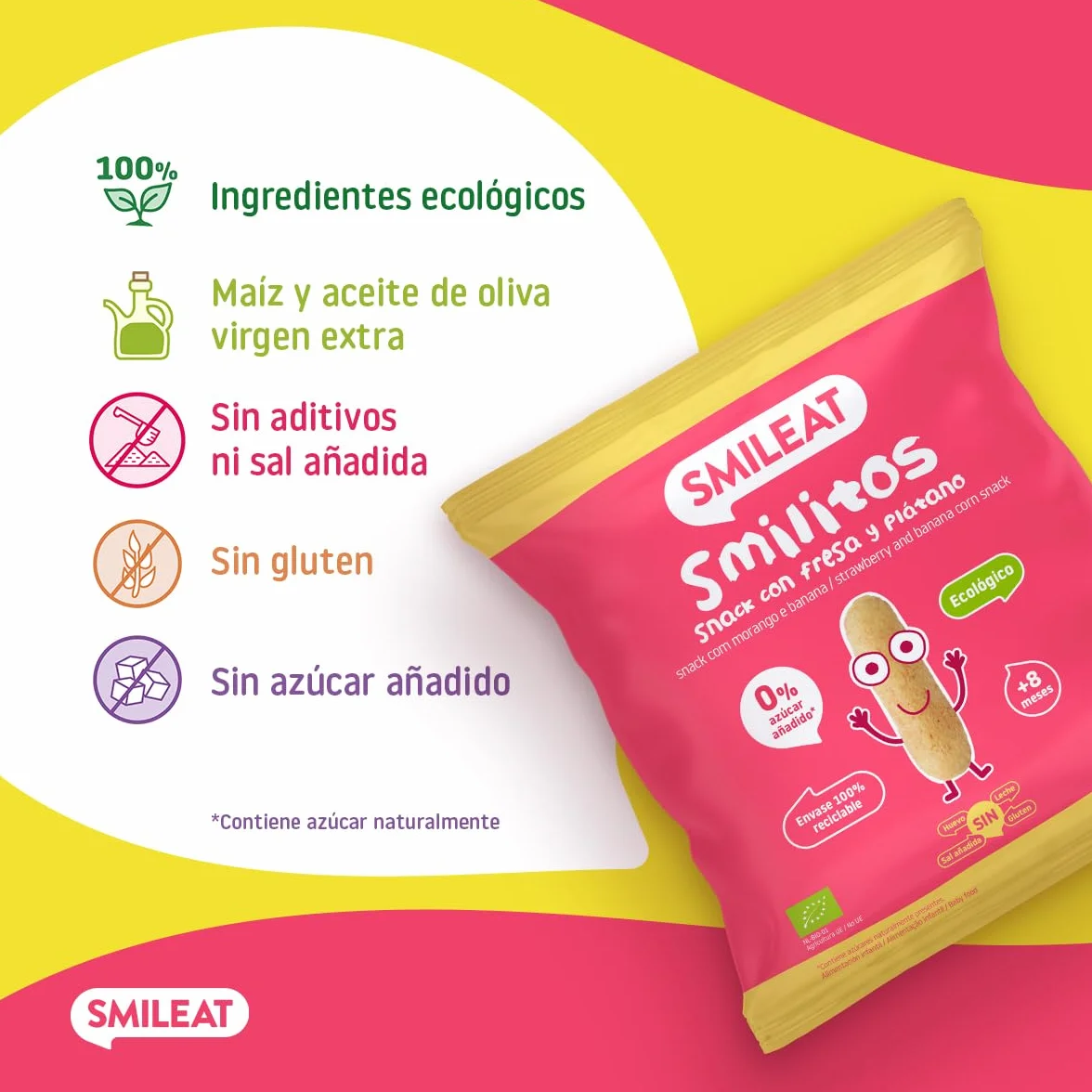 Smileat Smilitos Snack Fresa y Plátano 25g Merienda para Bebés 8 Meses