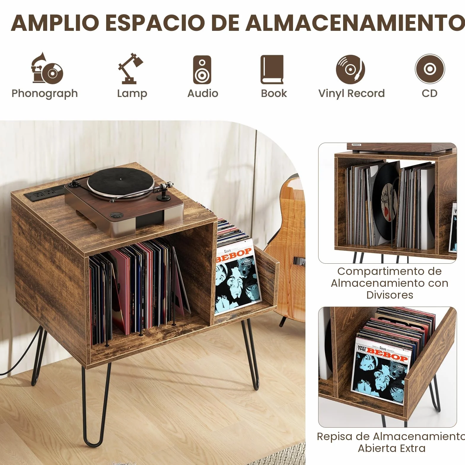 KOMFOTTEU Soporte para Tocadiscos con Estación de Carga, Estantería para Discos de Vinilo, Mesa Auxiliar para 145 Álbumes, Marrón