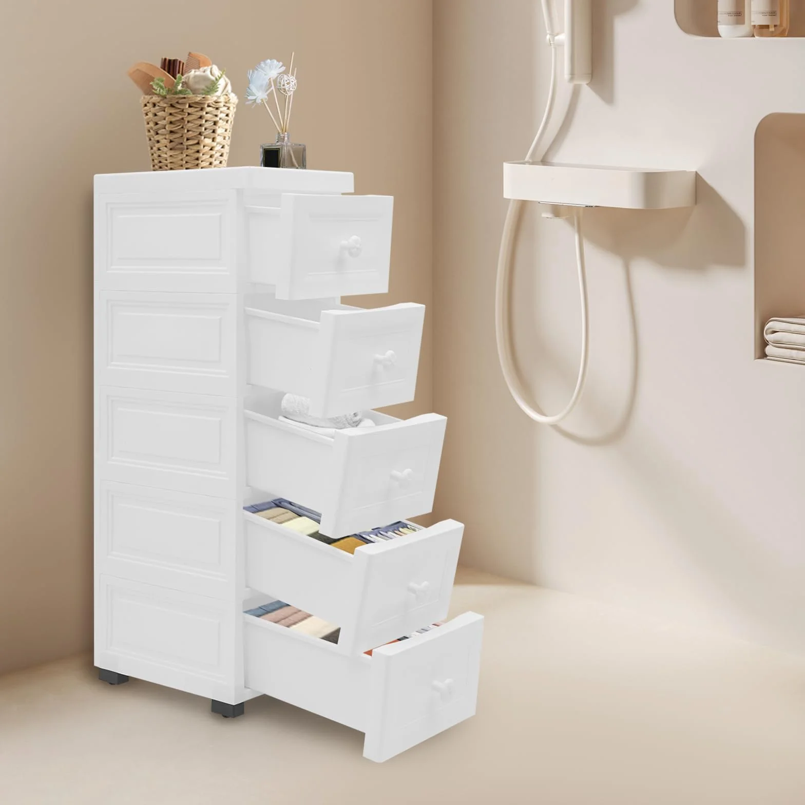 Armario estrecho con 5 cajones, 25 cm de ancho, de polipropileno, con ruedas, armario de baño impermeable para salón, cocina, oficina, blanco