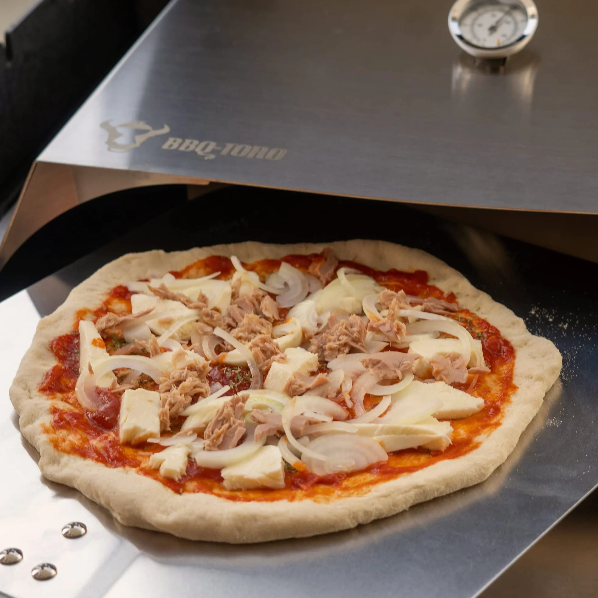 BBQ-Toro Tapa con Termómetro 56 x 39 cm Acero Inoxidable Para Hornear Pizza Parrilla de Gas Barbacoa
