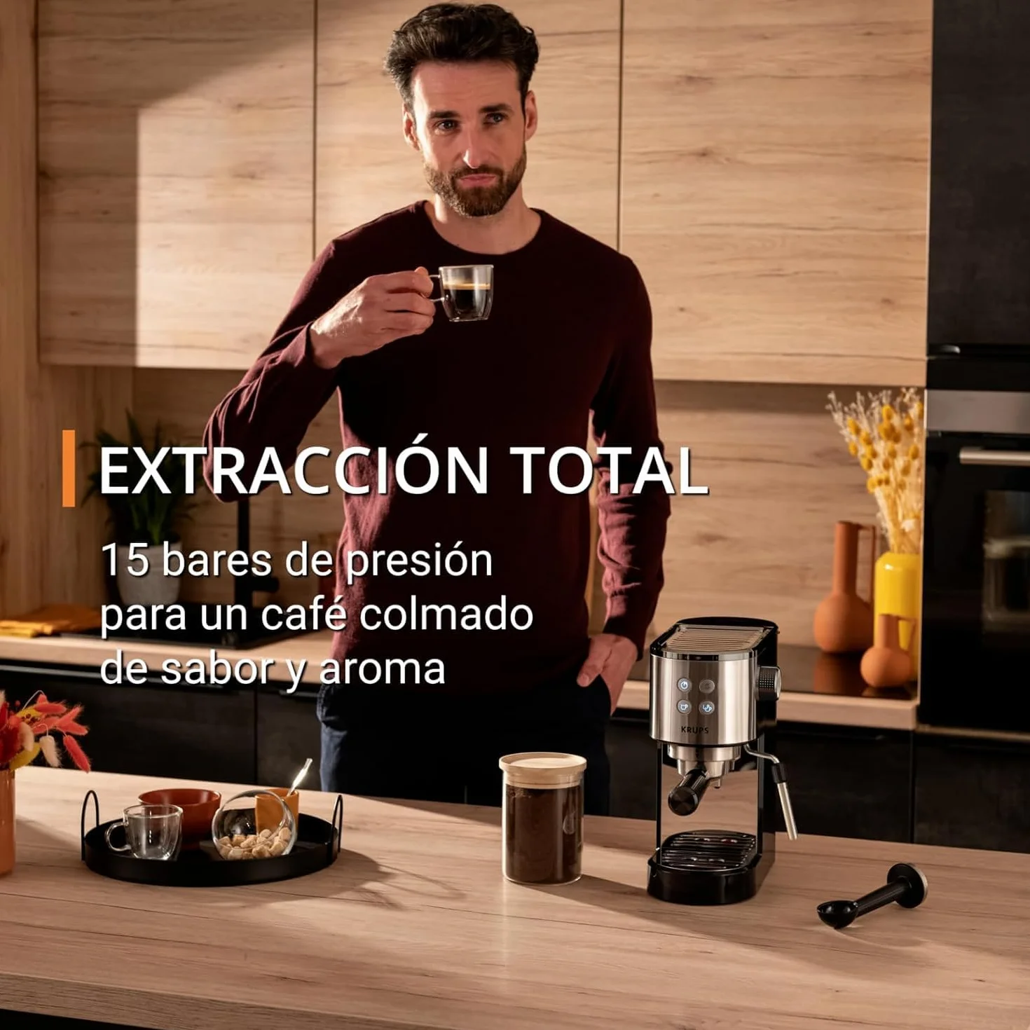 Krups Virtuoso Essential - Cafetera espresso 15 bar, acero inox negro, diseño compacto y elegante, parada automática, espresso y cappuccino, Thermoblock, boquilla de vapor, incluye cuchara, XP4418