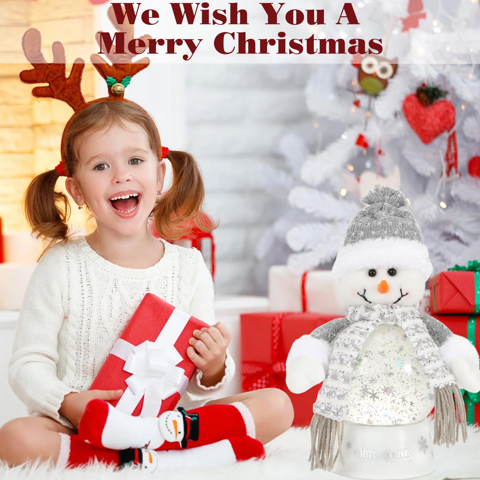 Lewondr Globo de Cristal Nieve Navideño, Hombre de Nieve con Bufanda Gris, Spinning Glow y 8 Canciones, Caja Musical Árbol Navidad, Alimentado por la Batería Lámpara de Navidad