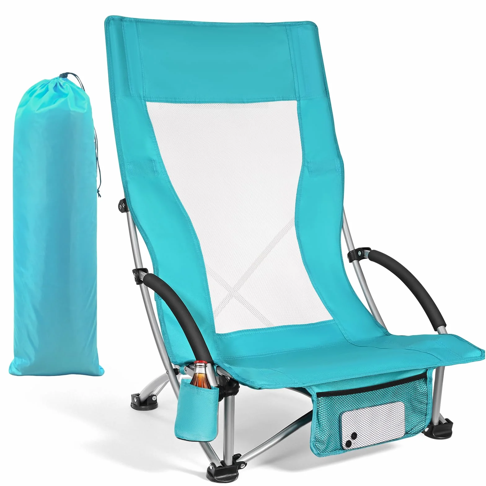 WildFun Silla de playa plegable baja, ligera y portátil, con respaldo alto, soporte para bebidas, soporta hasta 180 kg, para viajes, exteriores, barbacoas, pícnic, festivales (1 unidad, azul)