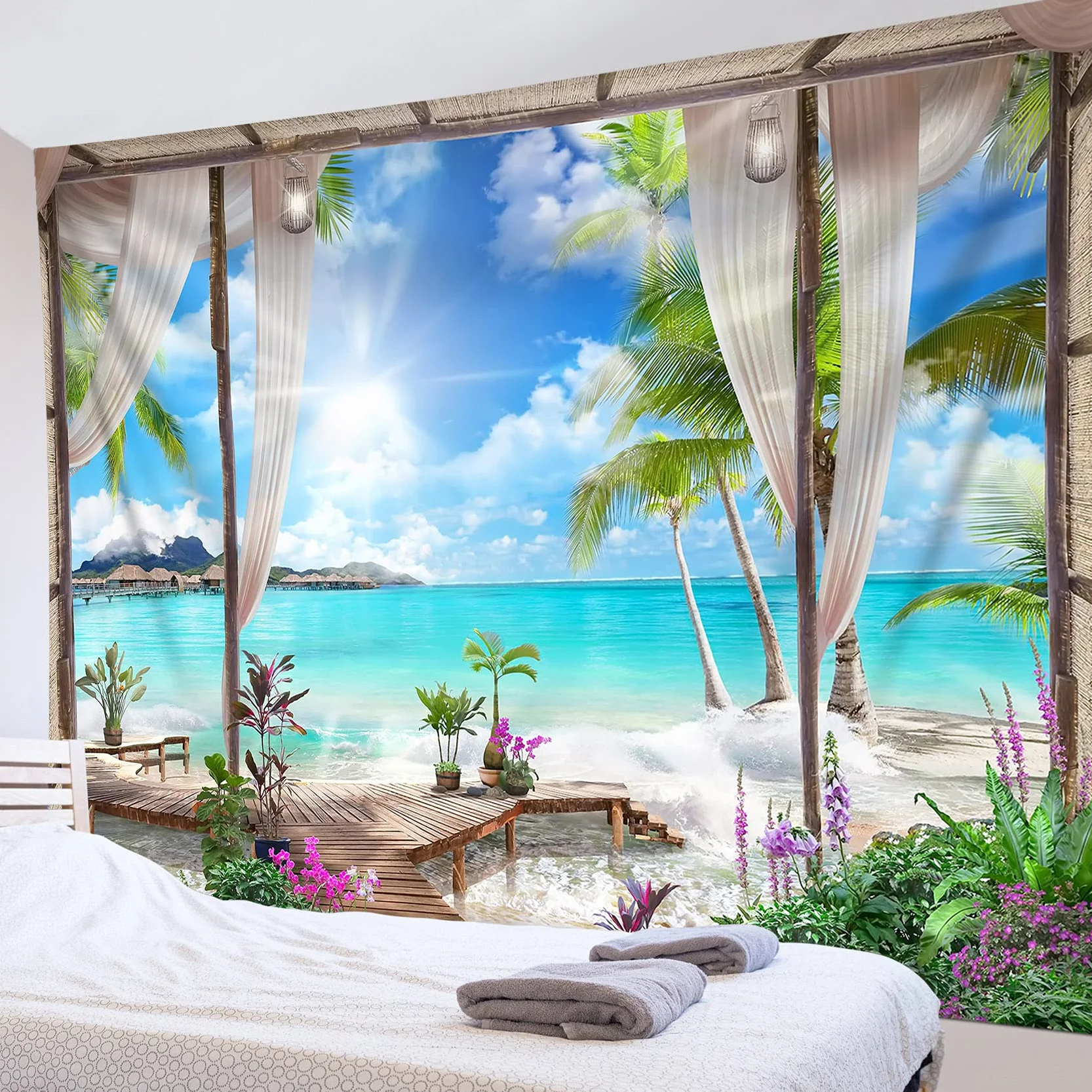 Tapiz de Pared Océano turquesa 200x150cm Colgar Pared Playa Tela Paisaje Isla Tropical Decoración Sala Dormitorio