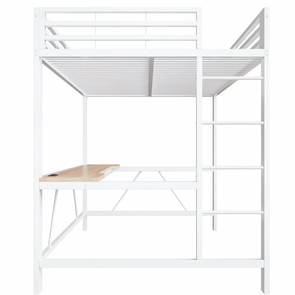 Litera de 140 x 200 cm con tira LED, USB, cama alta para niños con escritorio, ahorra espacio, estructura de cama de metal para juegos con riel, sin colchón, apto para dormitorios y otros (blanco)