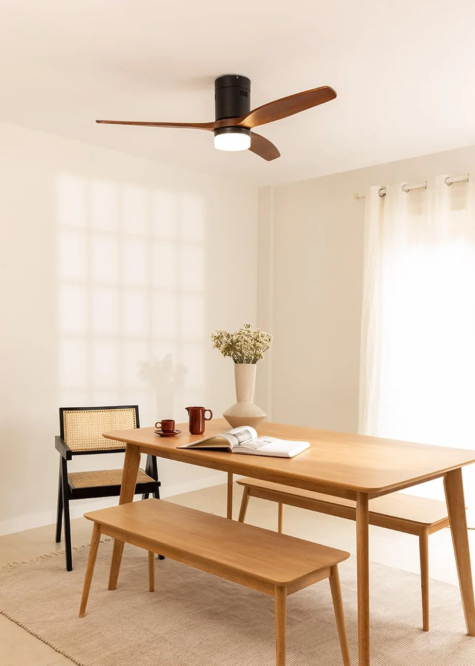 CREATE / WINDCALM/Ventilador de techo ABS con luz negro aspas efecto madera oscura con Wifi y mando / 40W, Silencioso, Ø132 cm, 3 temperaturas de luz, temporizador, función verano-invierno