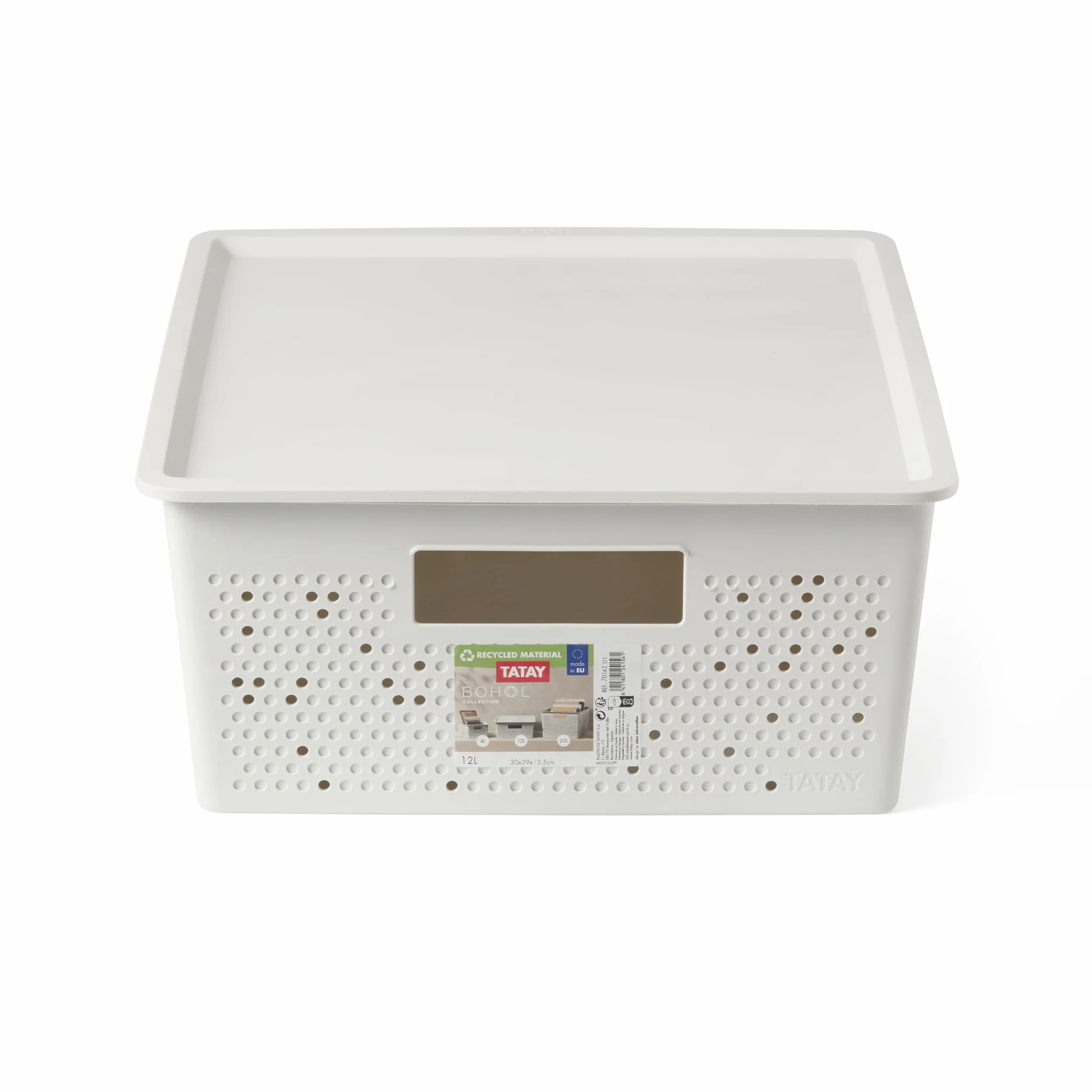 Tatay Cesta Almacenaje Plastico 12 L Bohol | Caja Organizadora con Tapa | Ventilación Óptima | Sistema Modular Apilable | Asas Integradas | Plástico Reciclado Libre BPA | 30x39x13,5 cm, Blanco