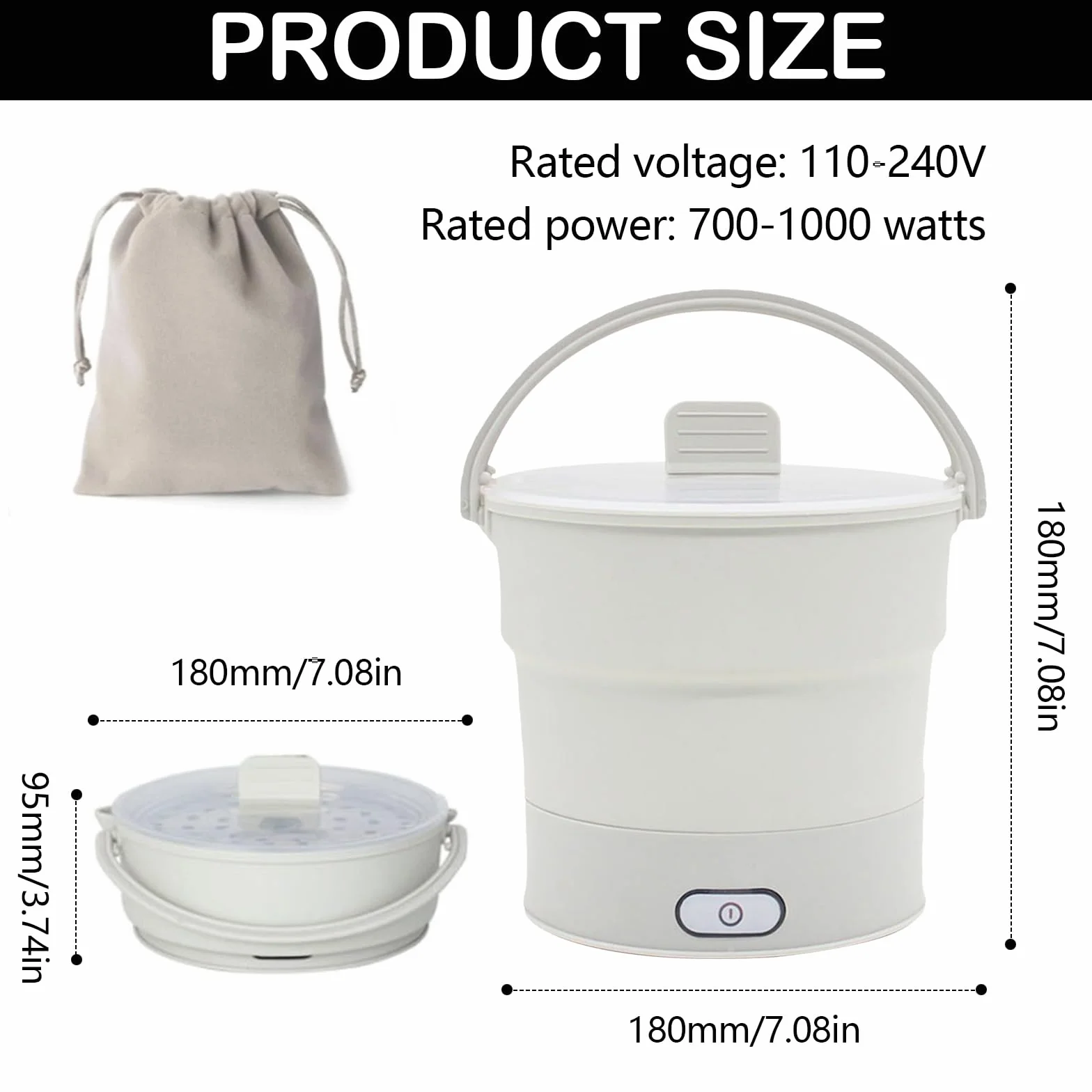 Olla Caliente Eléctrica Plegable 1L Acero Inoxidable con Vaporera para Acampar