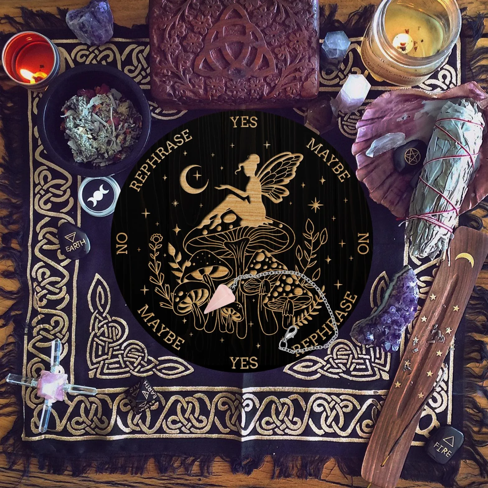 AHANDMAKER Juego de tablero de péndulo, tablero de madera para adivinación, tablero de mensajes metafísicos con collar de péndulo de cristal para brujería, kit de suministros de altar wiccano, hada,