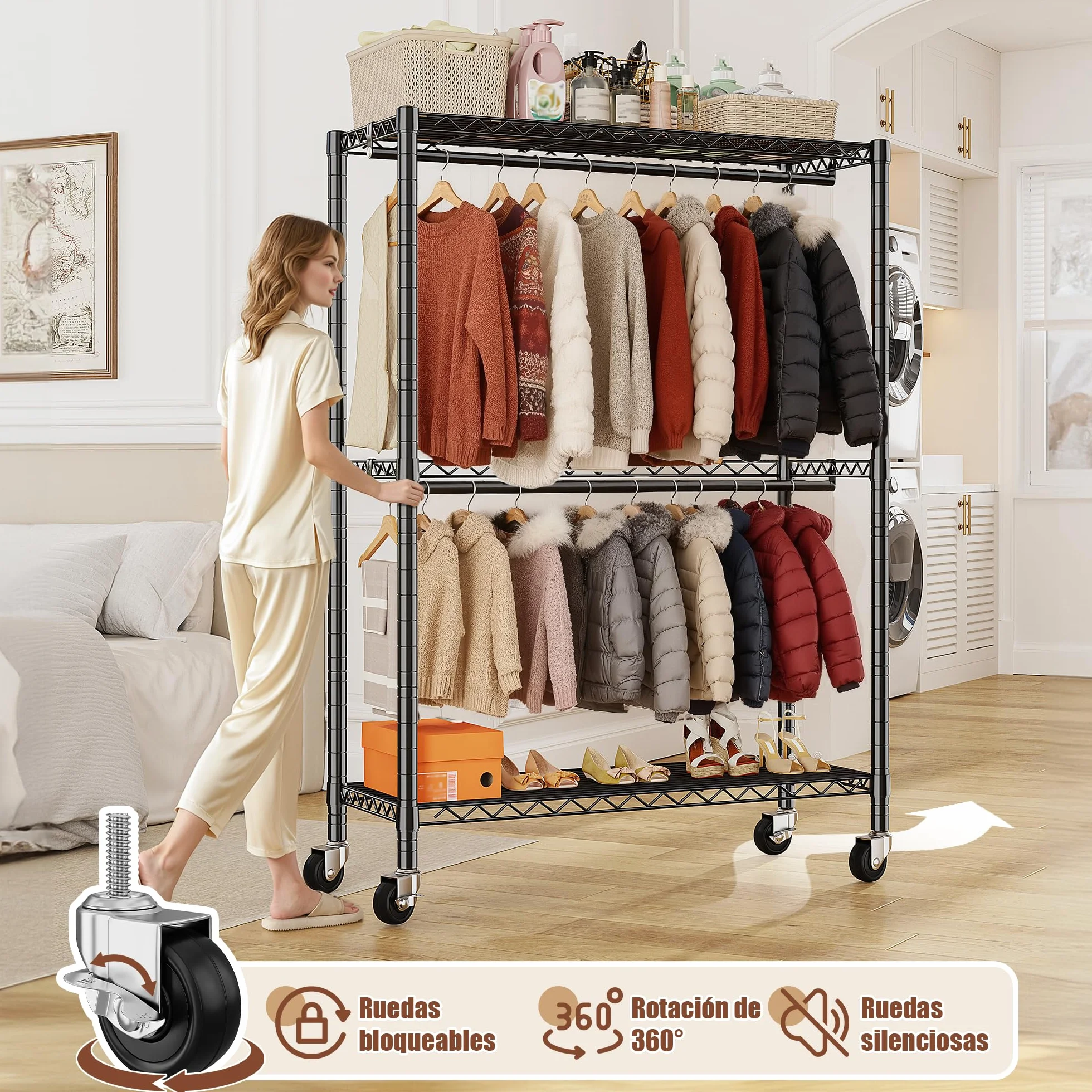 Burro Ropa Resistente con Ruedas 90x40x200cm Doble Barra Colgadora Estante Ajustable Carga Pesada 150 kg