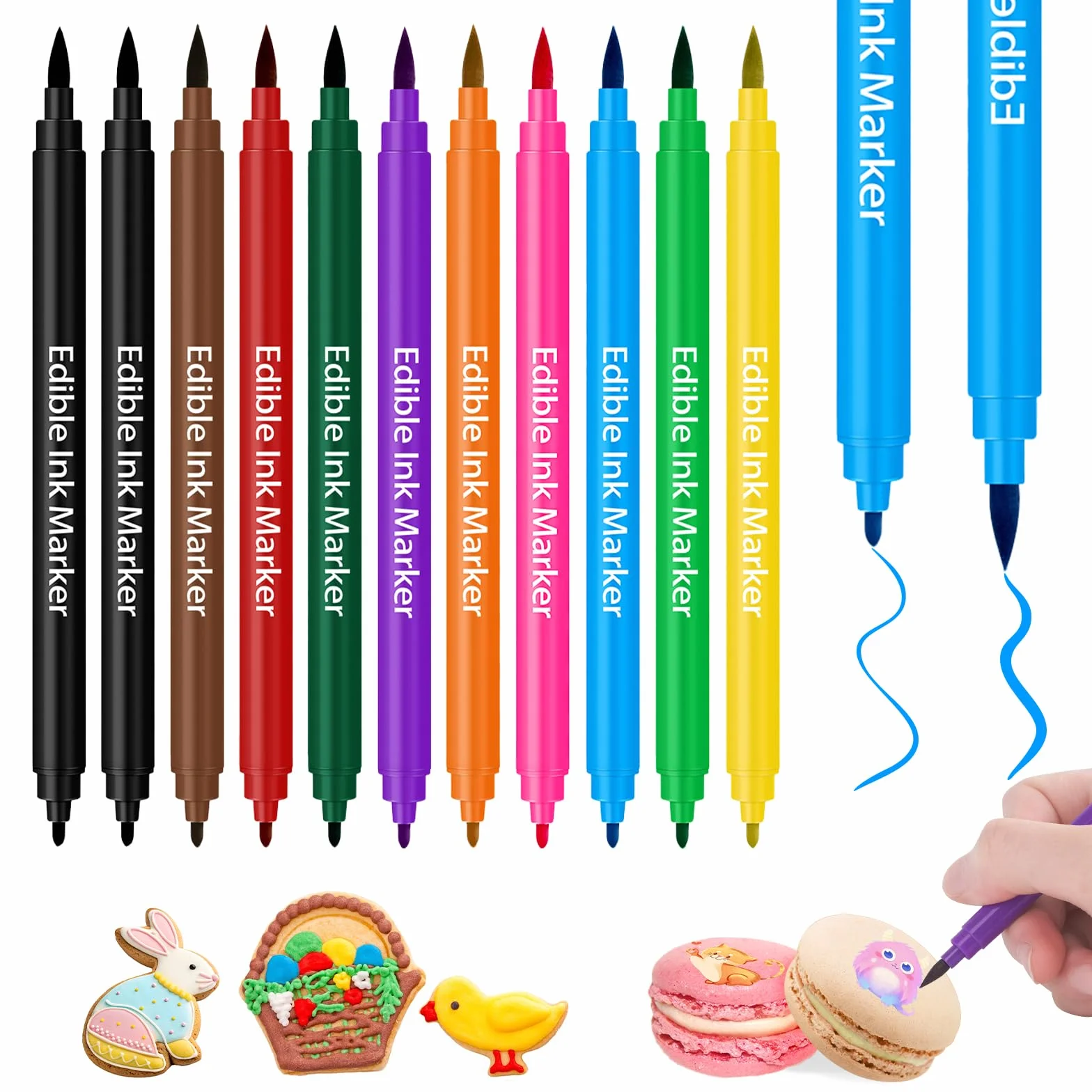 Rotuladores Comestibles con Colorante Alimentario, Punta Fina y Gruesa, 10 Colores, para Decorar Fondant, Macarons, Chocolate
