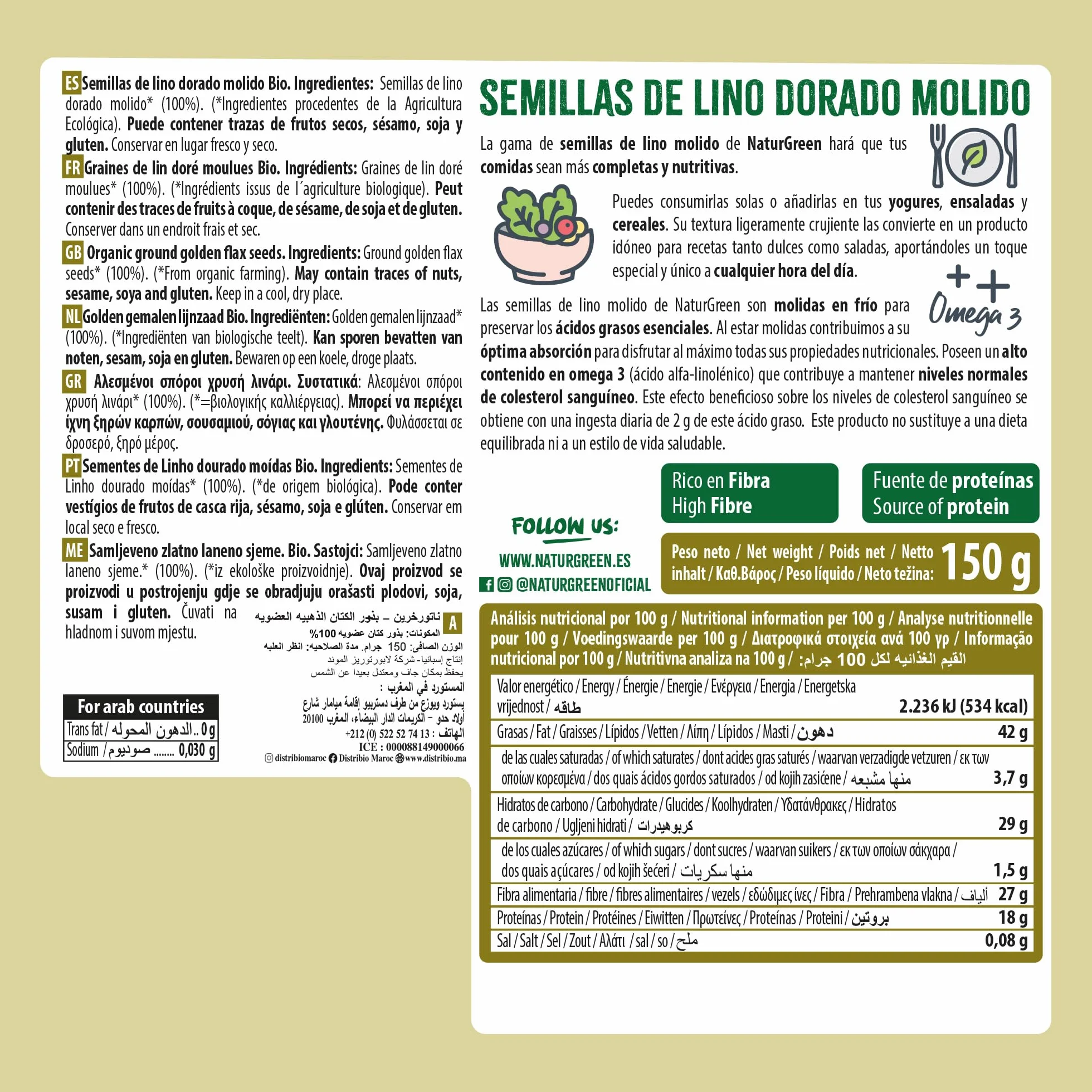 NaturGreen Semillas de Lino Dorado Molido Bio 150g | Alto en Fibra y Proteína | Omega-3 | Sin Azúcares Añadidos | Ecológico