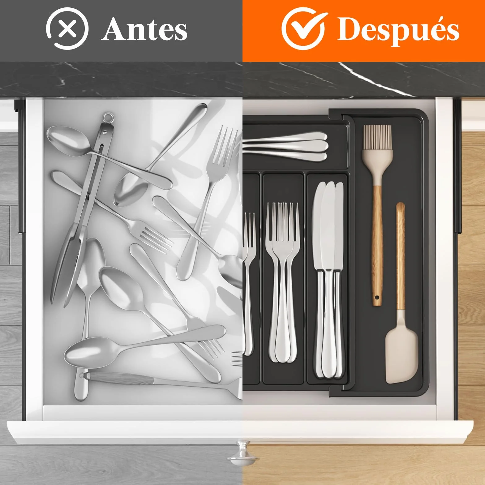 Lifewit Organizador de Cubiertos para Cajón Cocina, Bandeja Extensible 24-41 x 34 cm, Negro