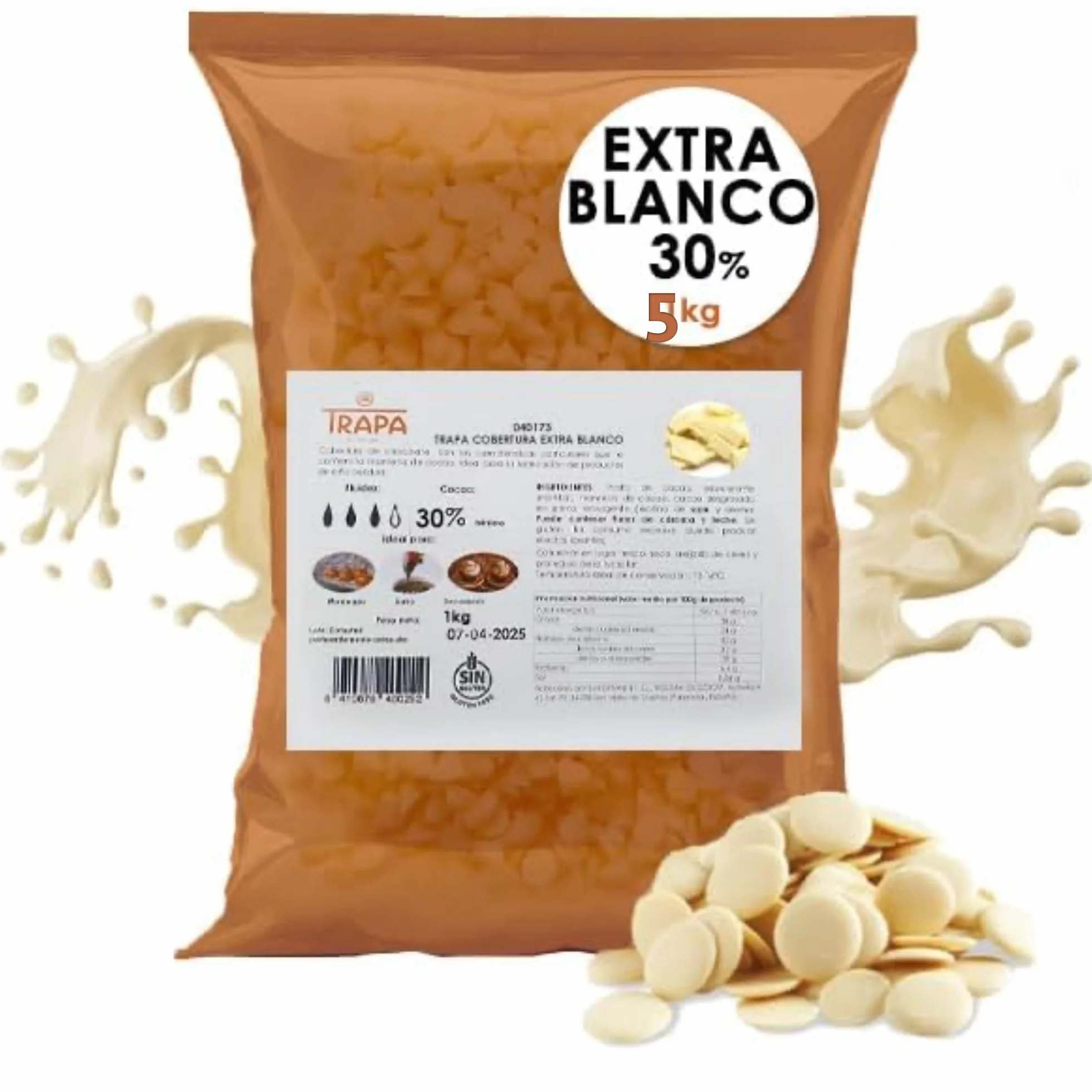 Cobertura Chocolate Blanco Trapa 5 kg 30% Cacao Gotas Choco White Extra