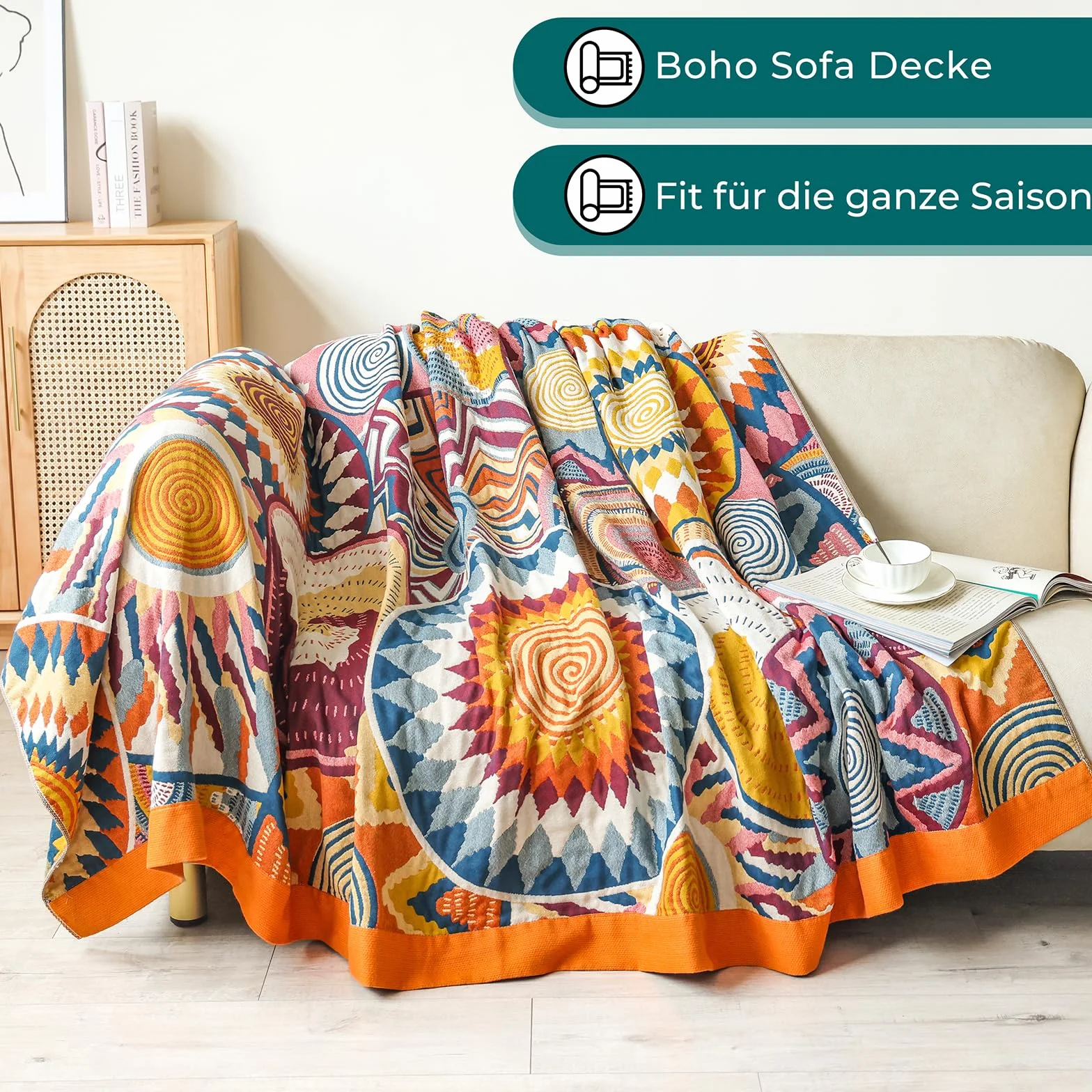 HOORDRY Colcha premium 100% algodón, manta de doble cara, colcha boho 230 x 250 cm, manta para sofá o cama, manta de muselina de algodón para toda la temporada