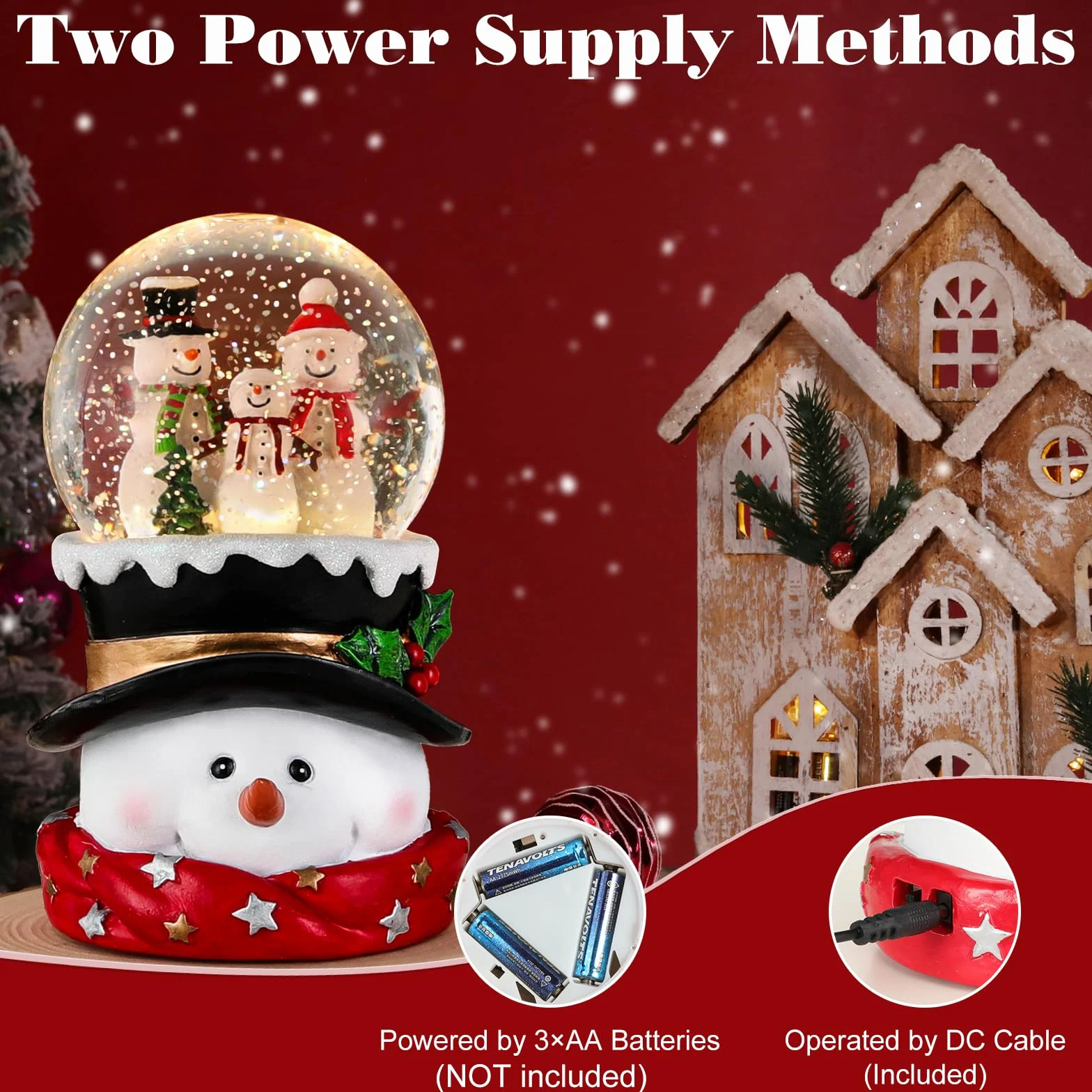 Lewondr Globo de Cristal Nieve Navideño, Hombre de Nieve, Spinning Glow y 8 Canciones, Caja Musical Árbol Navidad, Alimentado por la Batería Lámpara de Navidad