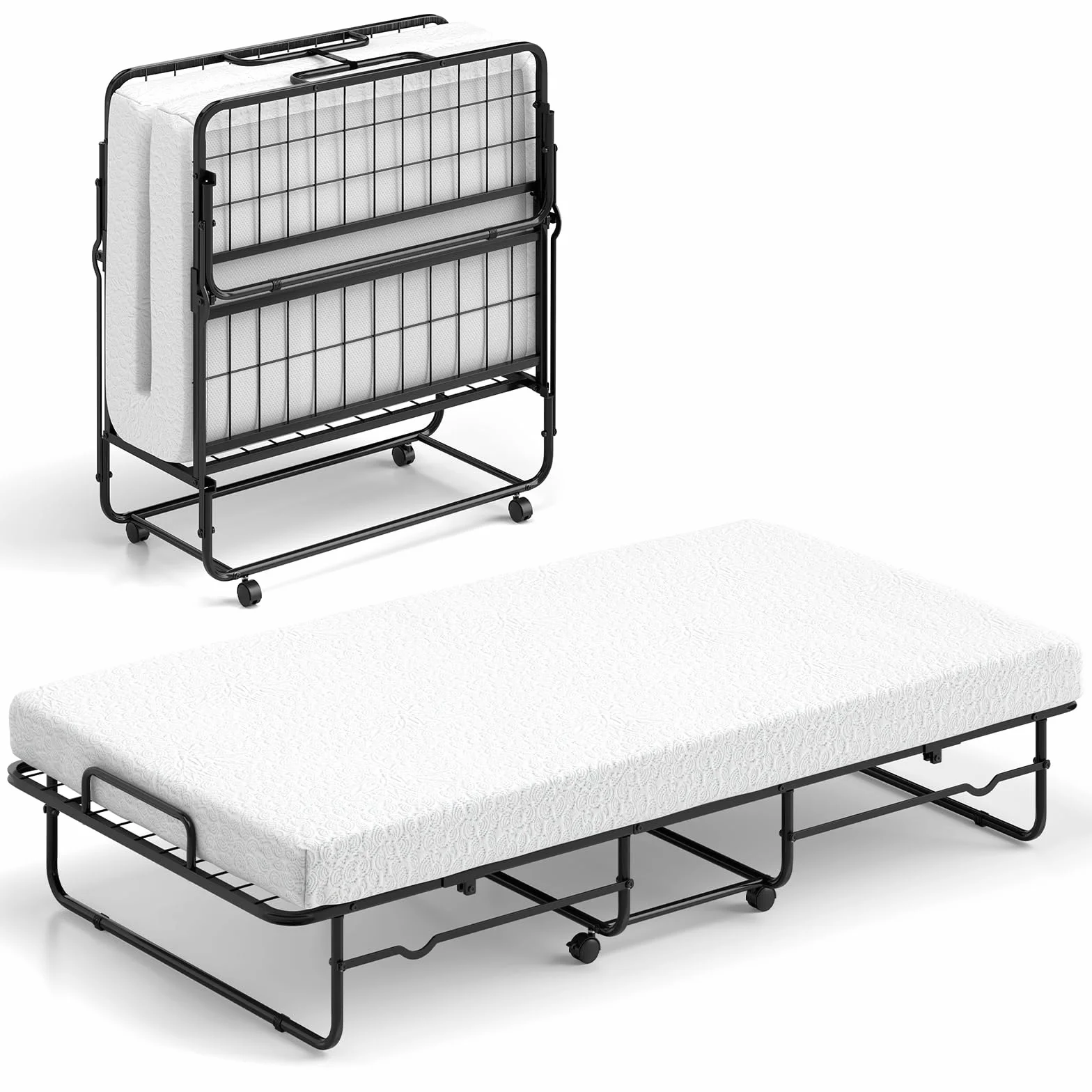 COSTWAY Cama Plegable 90 x 190 con Colchón, Cama Supletoria Plegable con Espuma de Memoria y Estructura Metálica, Individual de Invitado, Carga 220kg