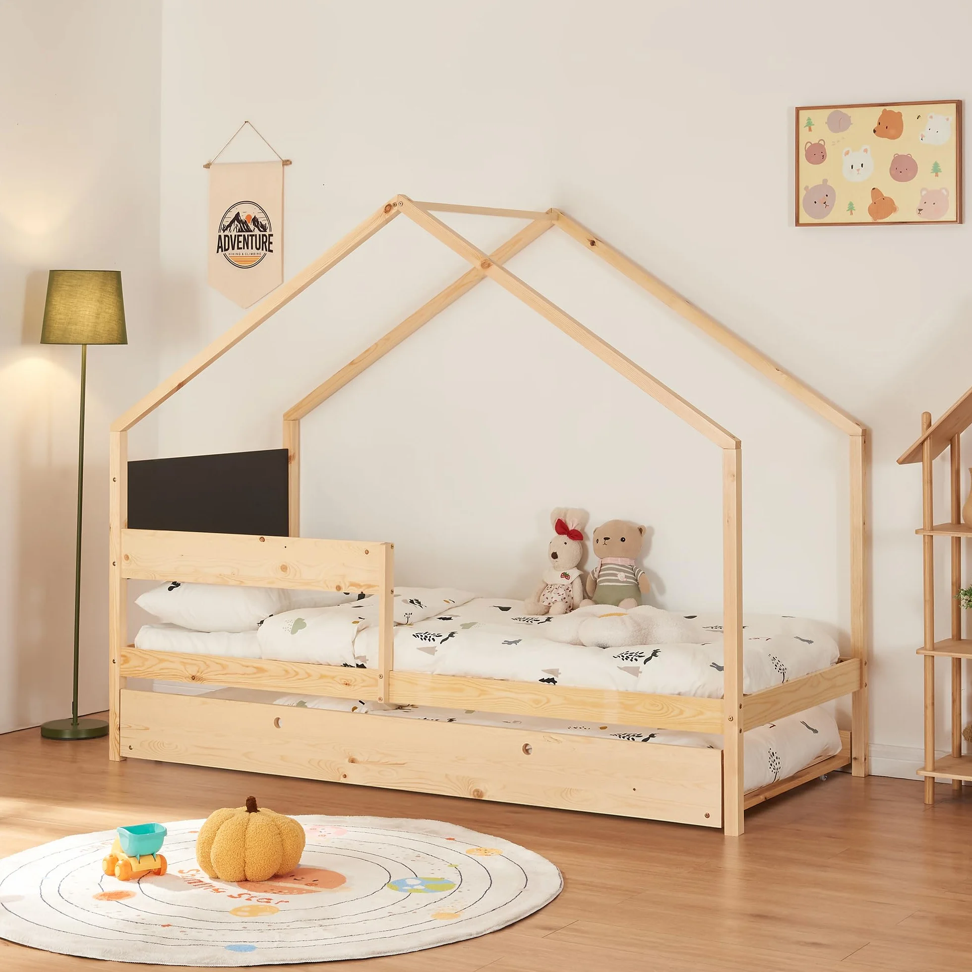 [en.casa] Cama Nido para Niños Niñas Estilo Montessori Cama Infantil con Cajón/Cama Extraíble Barandilla y Somier Forma de Casa máx. 100 kg/Cama Madera de Pino 90 x 200 cm - Natural/Negro