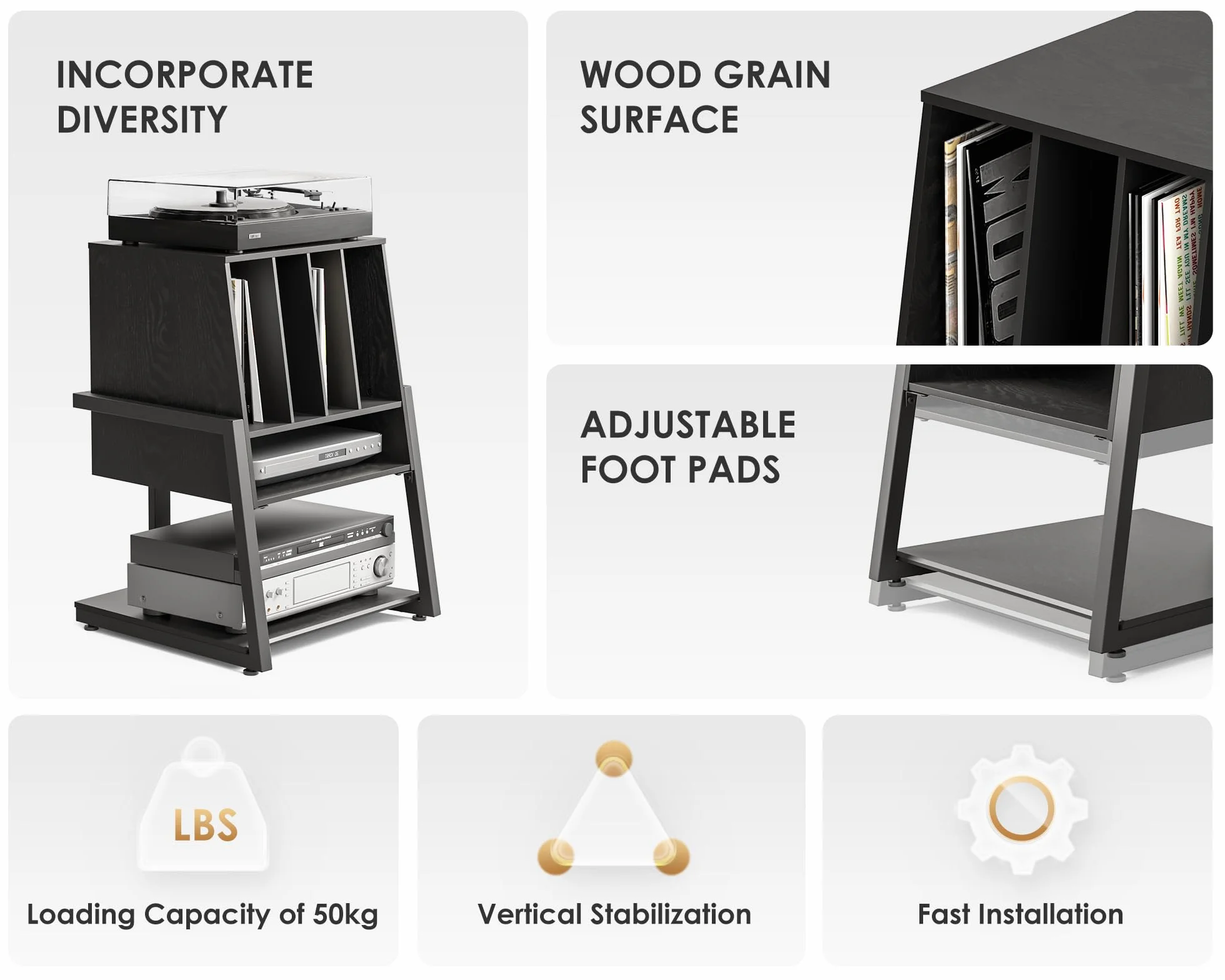 FITUEYES Mueble Tocadiscos, Mueble HiFi de Madera y Metal, Almacenamiento para 120 Discos, para Sistemas Compactos, para Salones y Salas de Música