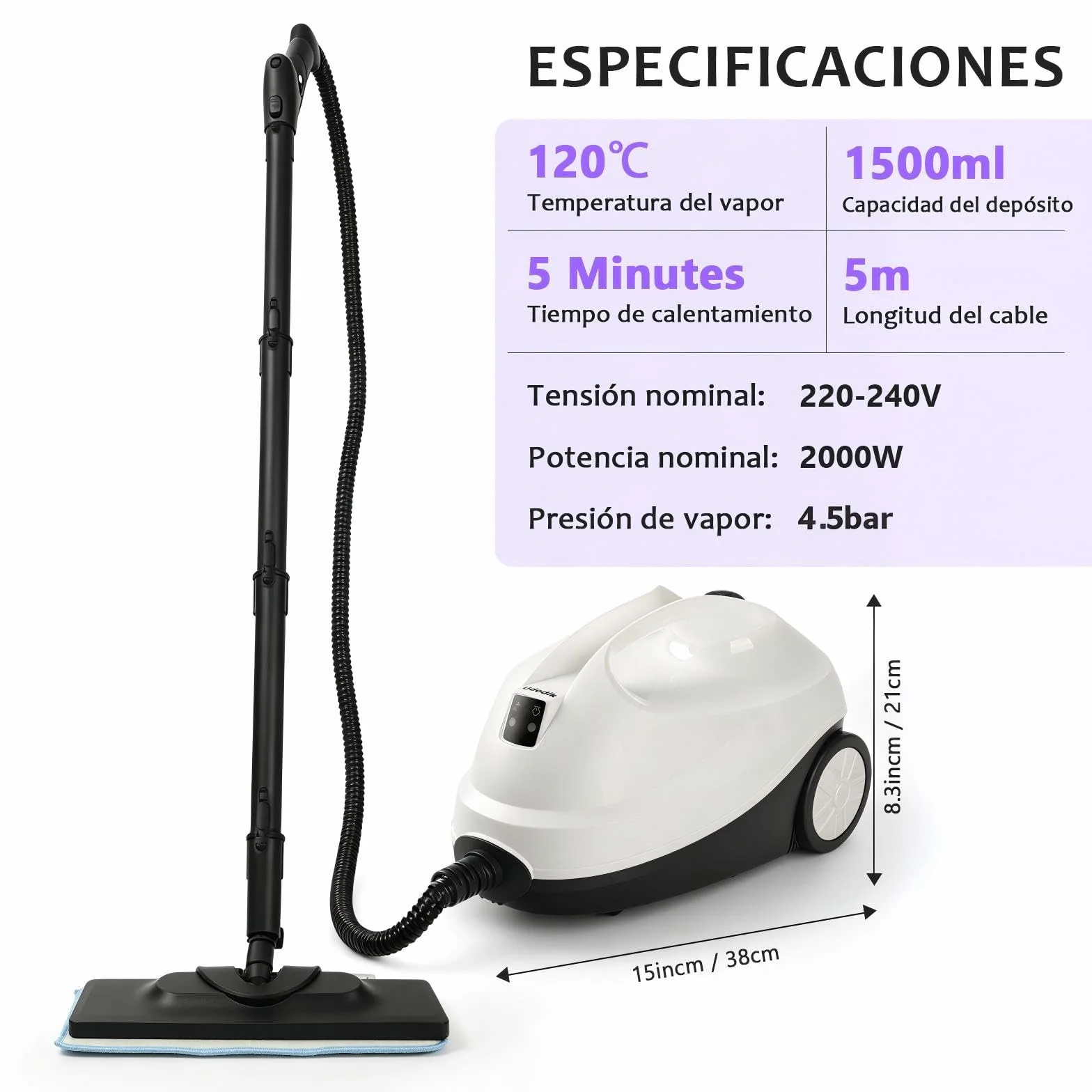 Limpiador de Vapor Portátil 120°C 20 Accesorios para Suelos Sofás Ventanas Cocina