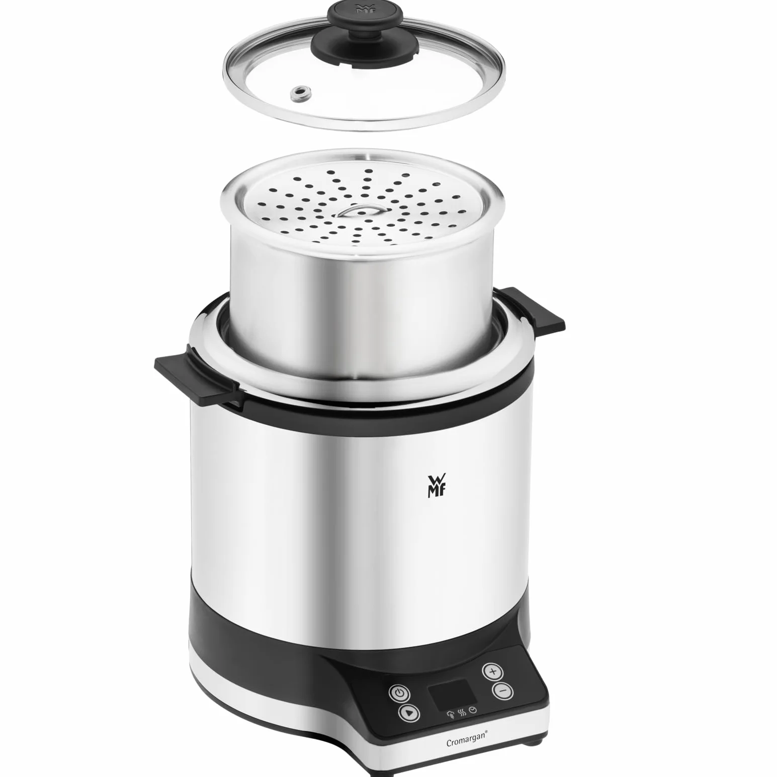 WMF Kitchenminis Arrocera 220W 1L acero inoxidable cromargan mate tapa recipiente base dual mantenimiento calor taza cuchara medidora