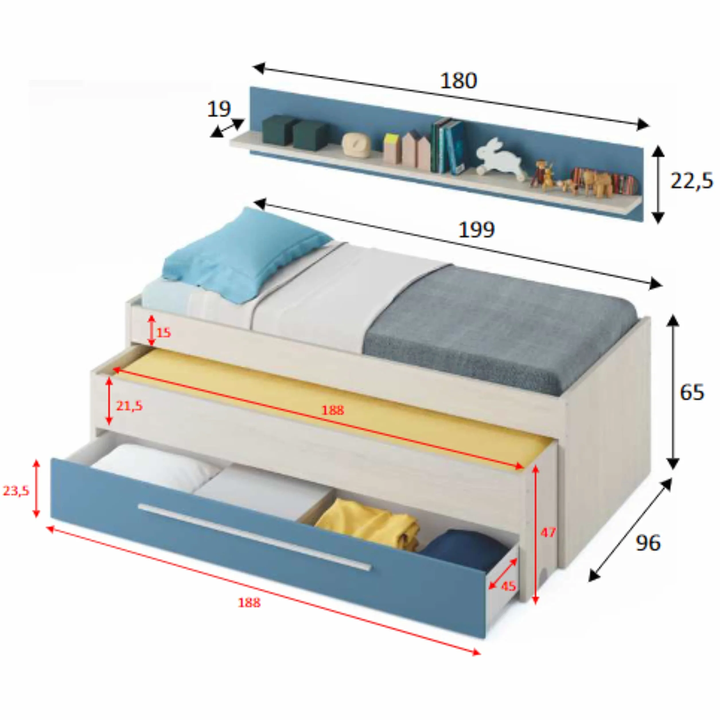Miroytengo Pack habitación Juvenil con Cama Nido Estante de Pared, Armario y SOMIERES INCLUIDOS Color Blanco y Azul