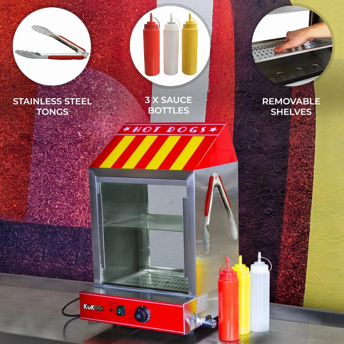 Calentador de Perritos Calientes Comercial 2000W Máquina Eléctrica de Vapor para Hot Dogs con Temperatura Ajustable 30-110°C