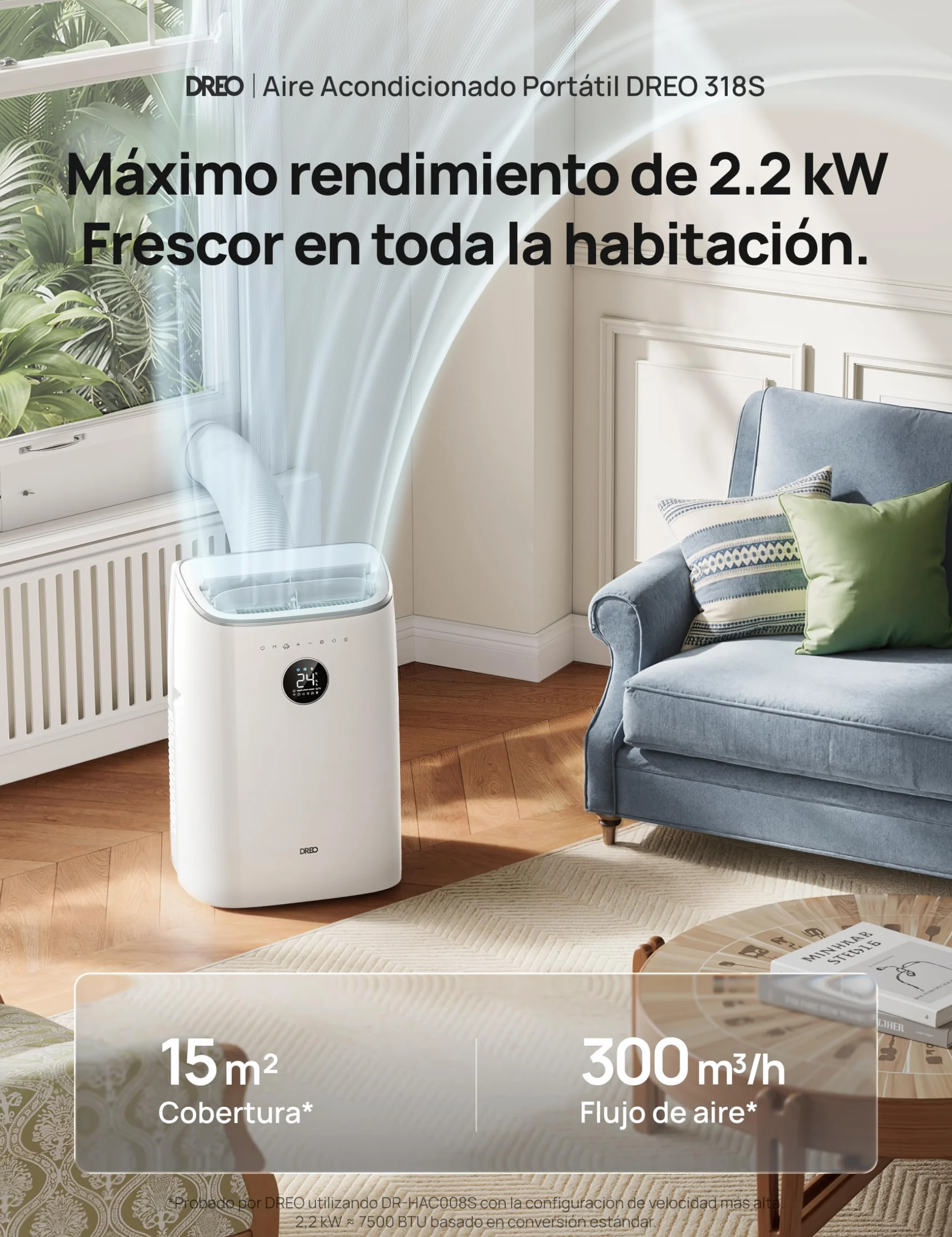 DREO aire acondicionado portátil 7500 BTU 3-en-1 refrigeración/ventilación/deshumidificación, silencioso para dormitorio u oficina, control por app y voz, sin drenaje, kit ventana, 2,5 L/h, AC318S