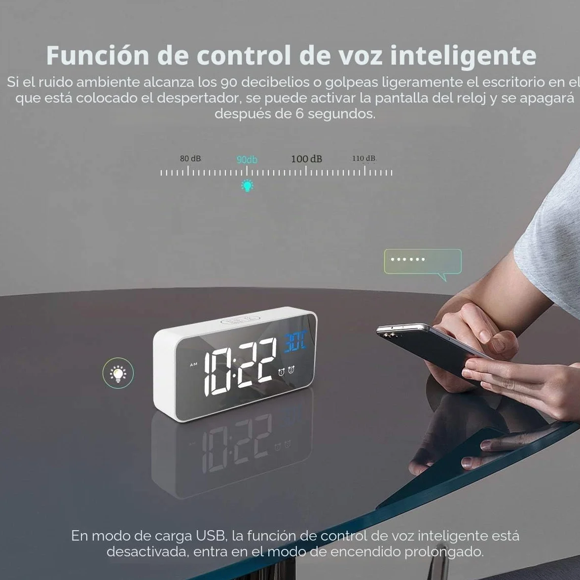 Reloj Despertador Digital LED con Pantalla de Temperatura, Alarma de Espejo Portátil, Doble Alarma, Atenuador Brillo 4 Niveles Blanco
