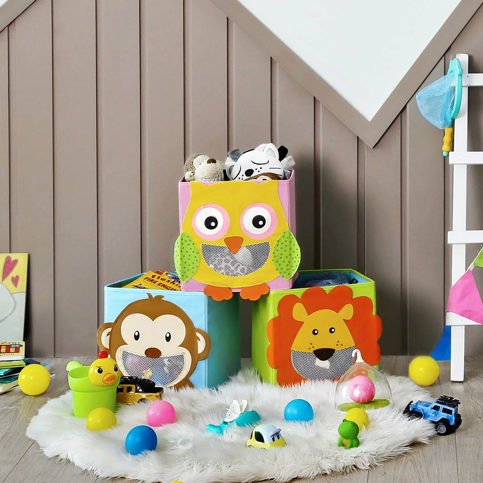 SONGMICS Juego de 3 Cajas de Almacenamiento, Cajas de Juguetes, Cubos plegables,para Salón, Habitación Infantil, 27 x 27 x 27 cm, Colorido RFB01KU