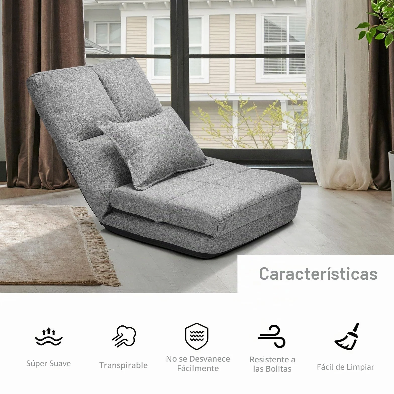 GOPLUS Sofá de Suelo Ajustable en 5 Posiciones, Silla Plegable, Sofá Convertible 1 Plaza, Silla Perezosa para Salón, Oficina, 176 x 61 x 18 cm, Carga 100 kg (Gris)