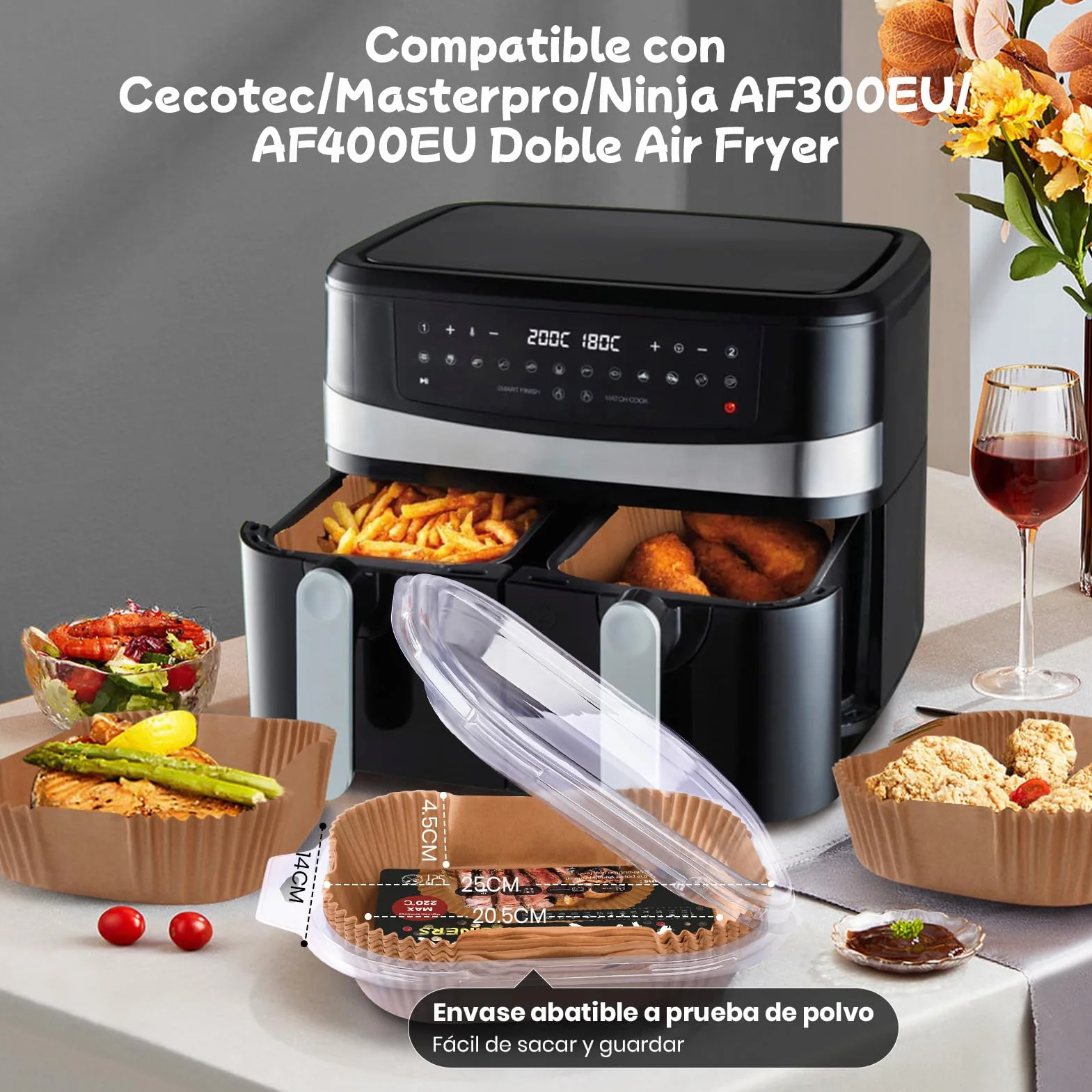120 unidades de papel de horno para freidora de aire caliente de doble cámara, 20,5 x 14 cm, rectangular, antiadherente, papel de horno compatible con Ninja AF300EU,AF400EU,AF400EUCP Otras